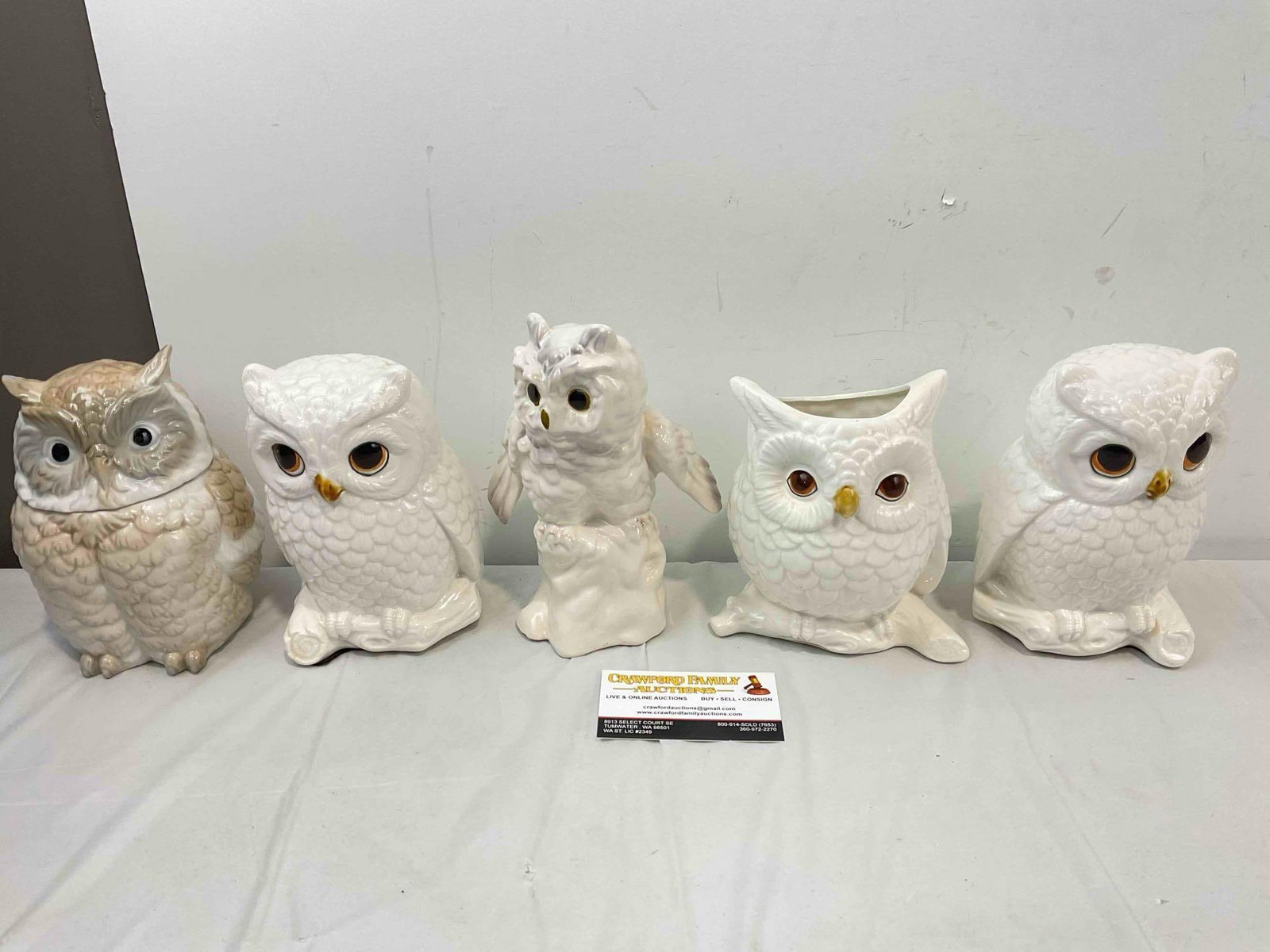 5 pcs Vintage White Ceramic Owl Figurines, incl. Napcoware Japanese. Good Condition. See pics.: 5 pcs Vintage White Ceramic Owl Figurines, incl. Napcoware Japanese. Good Condition. Also includes owl cookie jar. Owl vase has a crack, minor wear indicative of age and use, otherwise looks to be in 