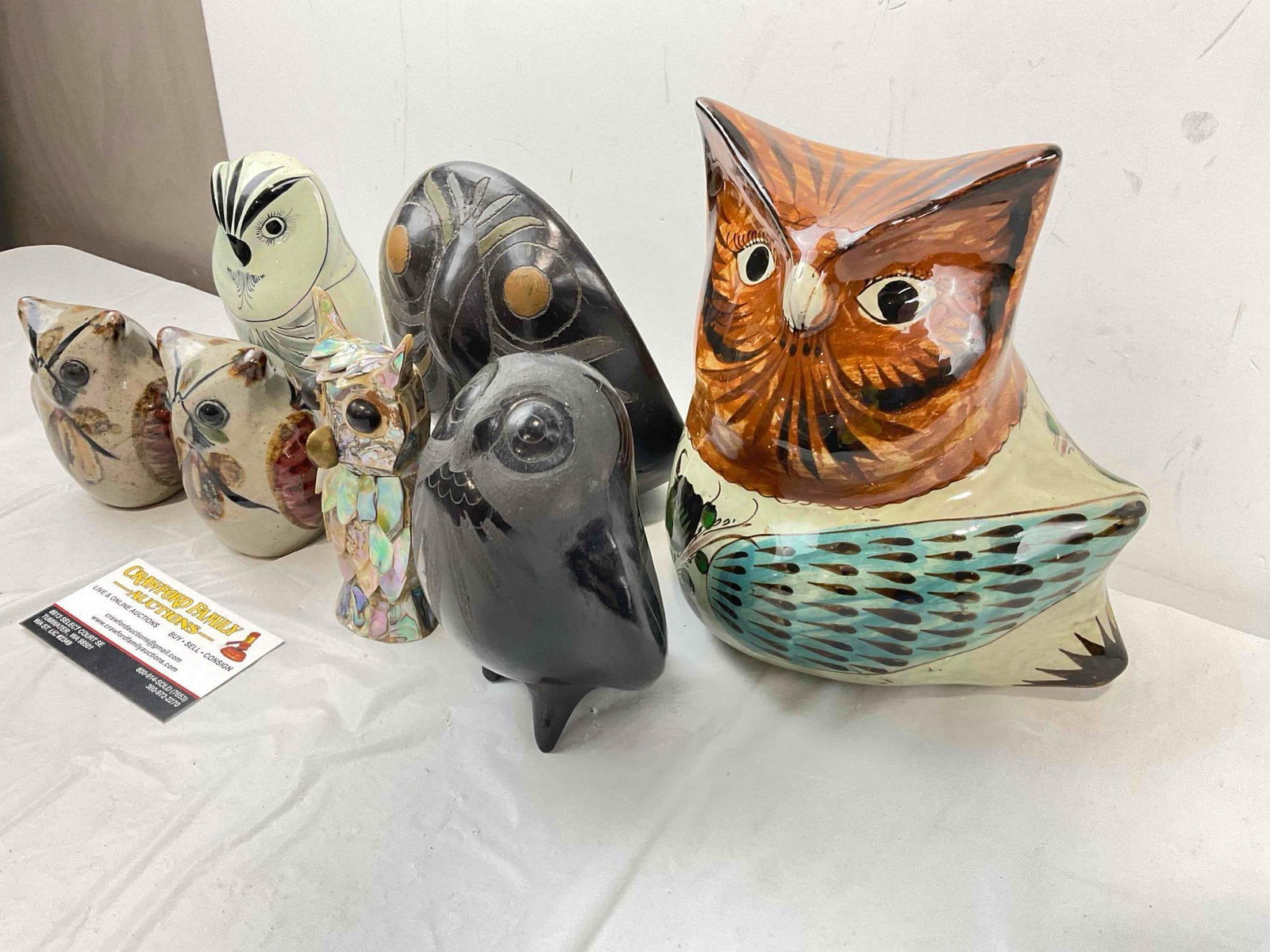 7 pcs Vintage Owl Figurines, incl. 6x Mexican Ceramic & 1x Abalone Inlaid. Good Condition. - 2