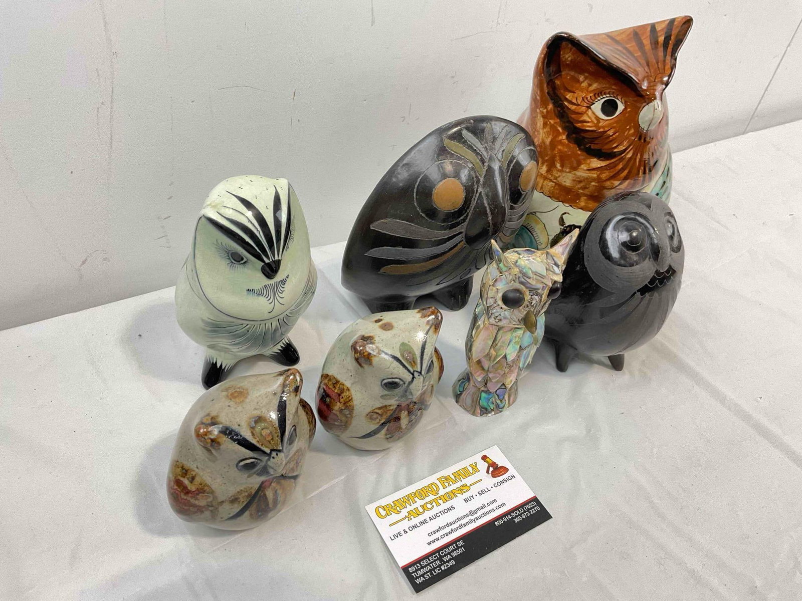 7 pcs Vintage Owl Figurines, incl. 6x Mexican Ceramic & 1x Abalone Inlaid. Good Condition. - 3