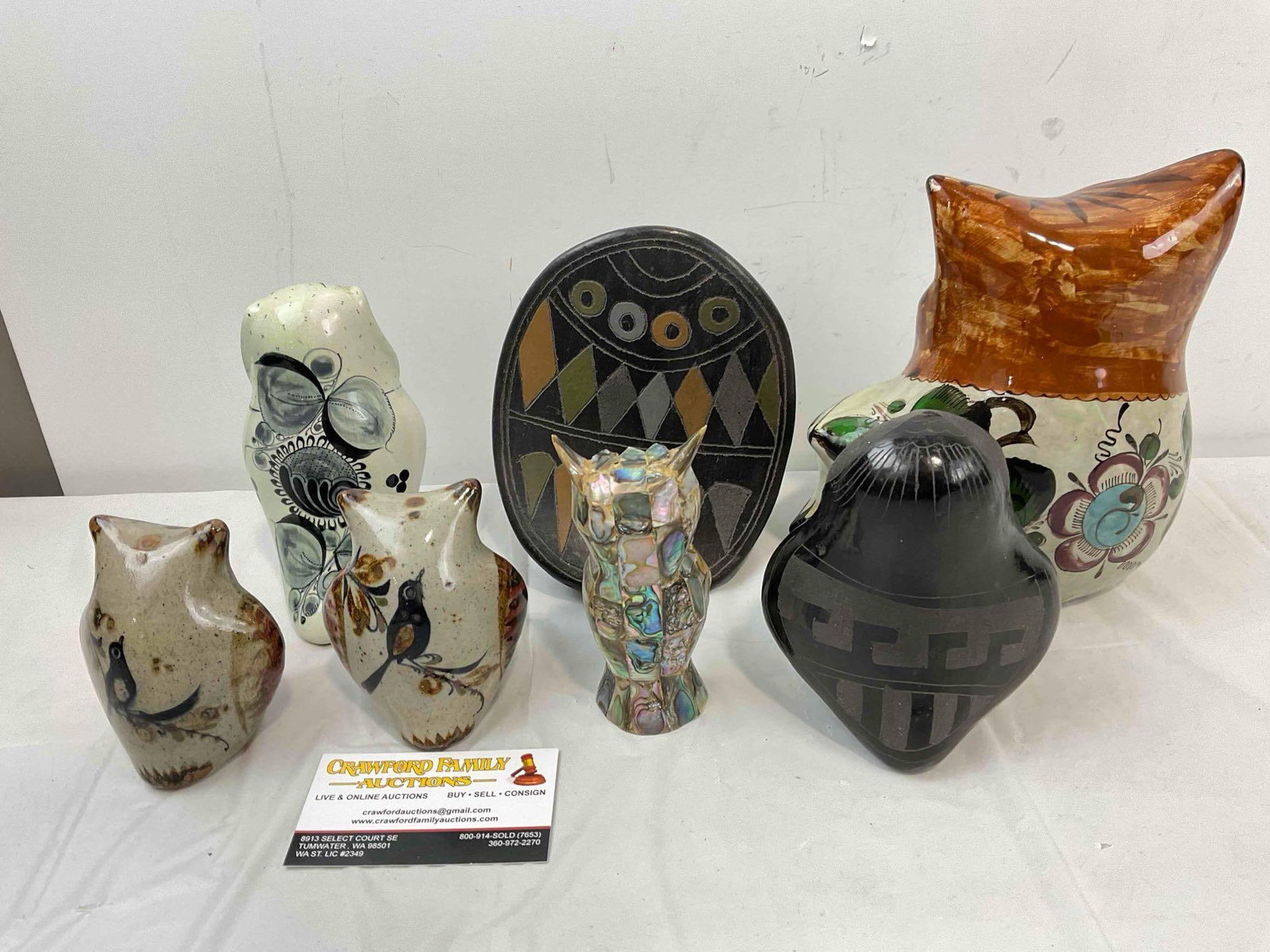 7 pcs Vintage Owl Figurines, incl. 6x Mexican Ceramic & 1x Abalone Inlaid. Good Condition. - 4