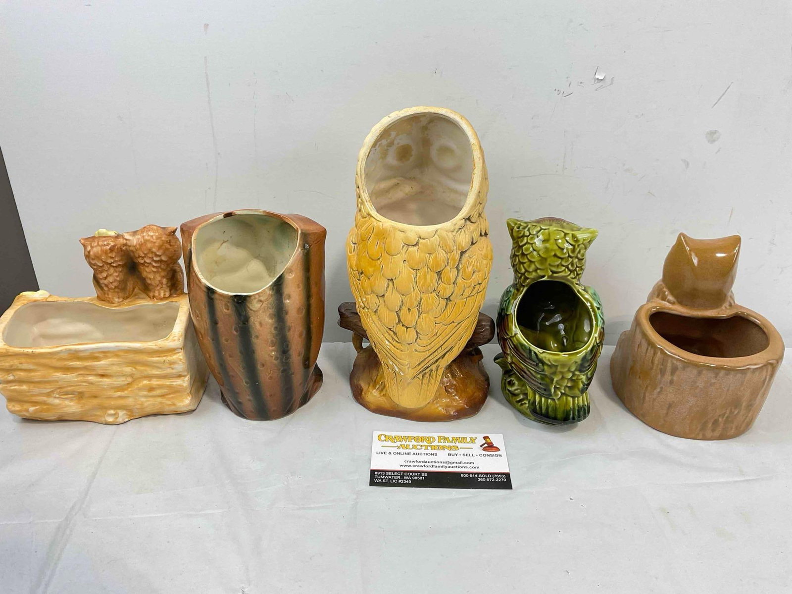 5 pcs Vintage Ceramic Owl Figural Vases, incl. Brown Frankoma 394. Good Condition. See pics. - 4