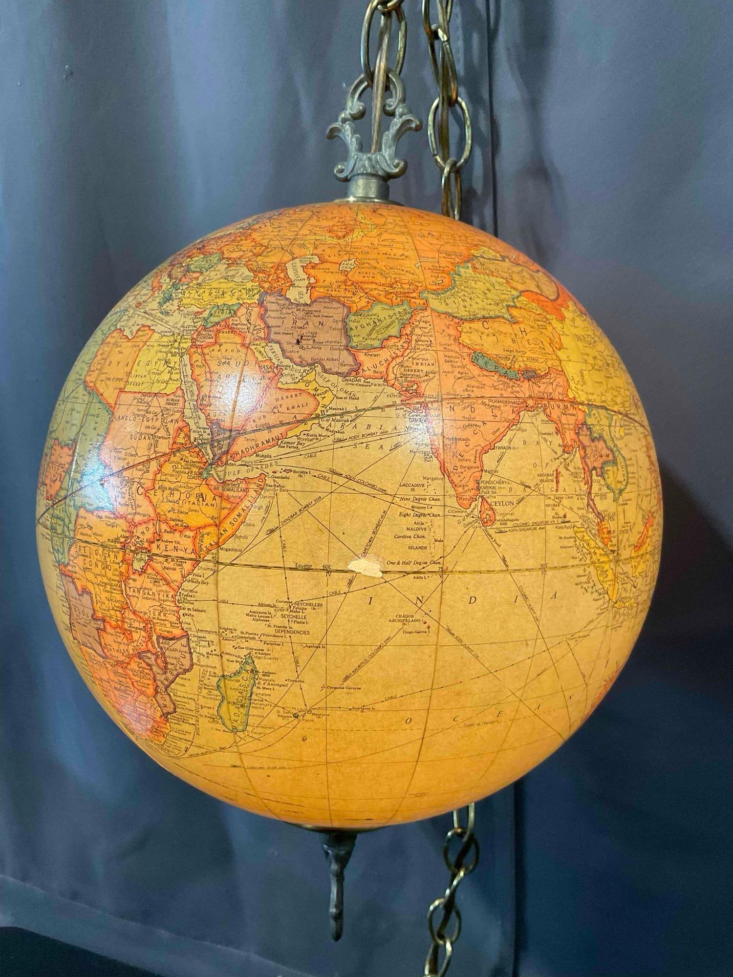 Vintage 10" Replogate Library Globe Repurposed as Hanging Lamp. Tested, Works. See pics. - 2