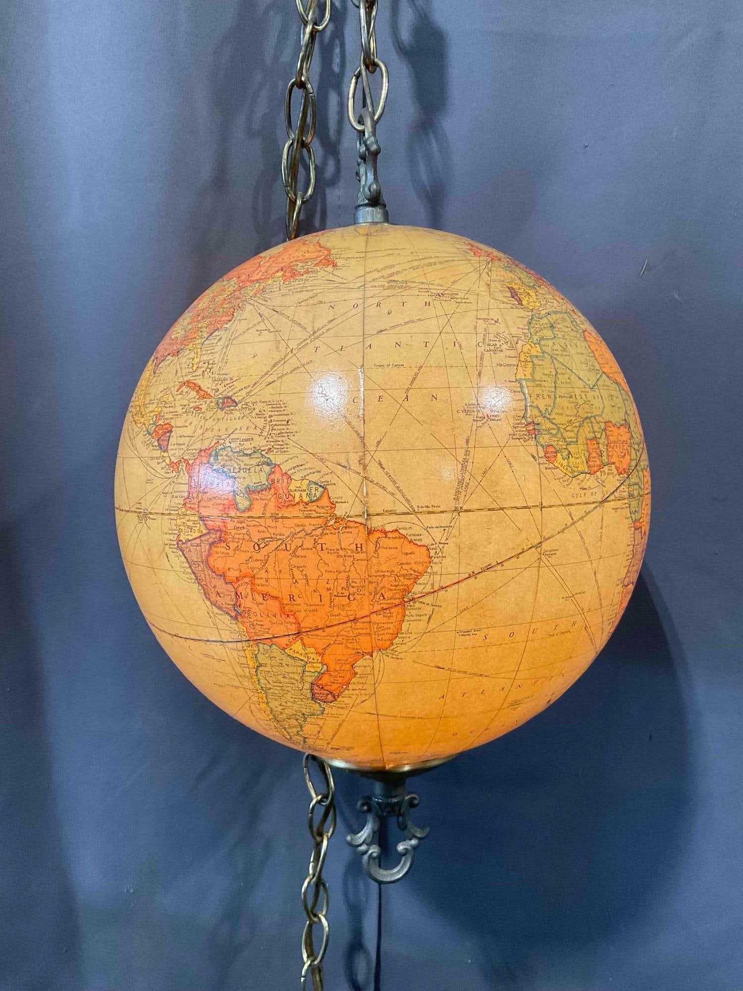Vintage 10" Replogate Library Globe Repurposed as Hanging Lamp. Tested, Works. See pics. - 3