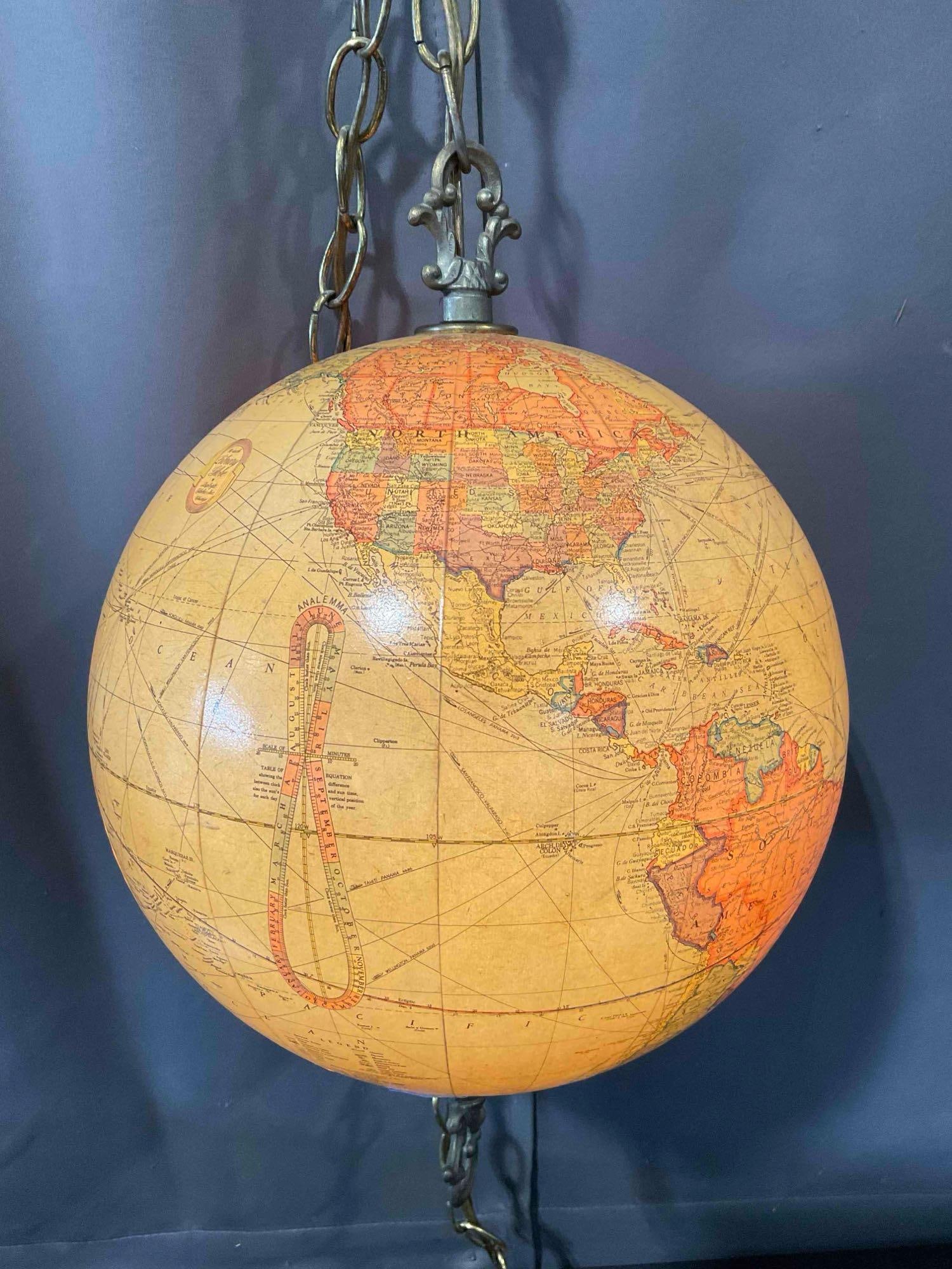 Vintage 10" Replogate Library Globe Repurposed as Hanging Lamp. Tested, Works. See pics. - 4