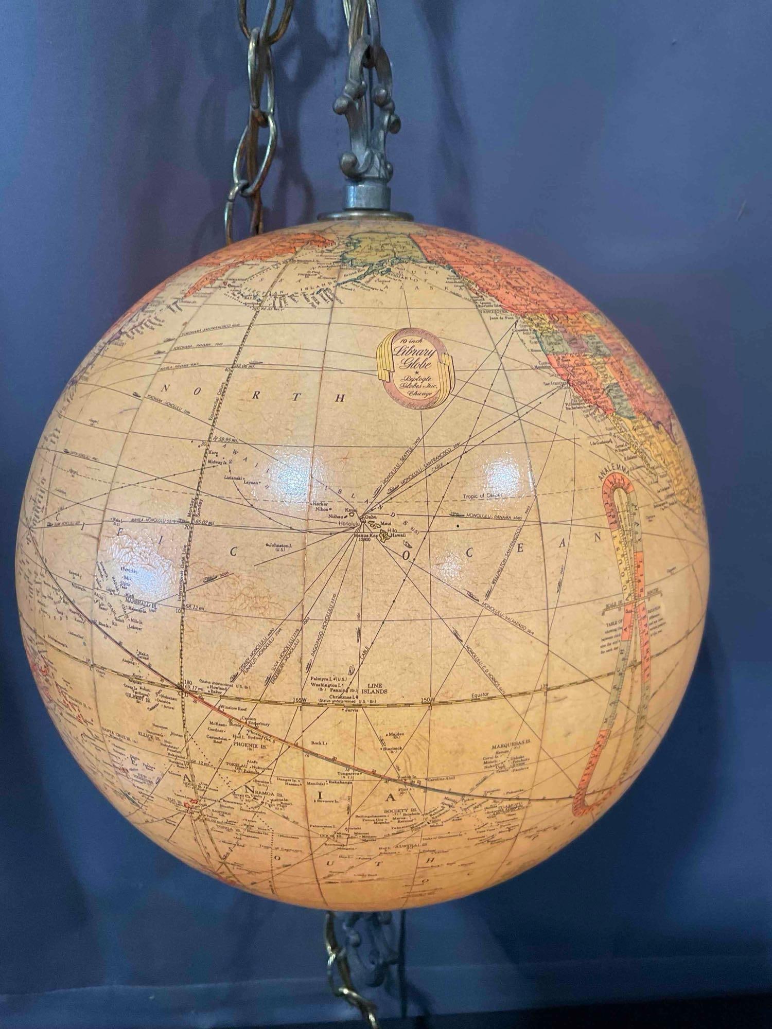 Vintage 10" Replogate Library Globe Repurposed as Hanging Lamp. Tested, Works. See pics. - 5