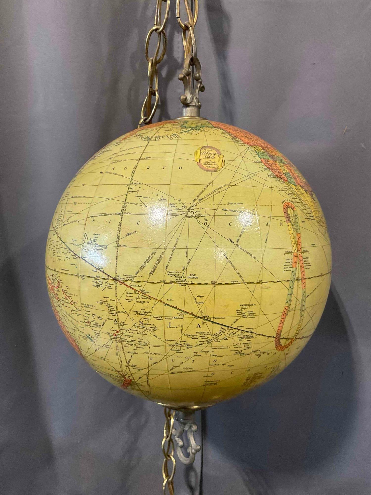 Vintage 10" Replogate Library Globe Repurposed as Hanging Lamp. Tested, Works. See pics. - 7