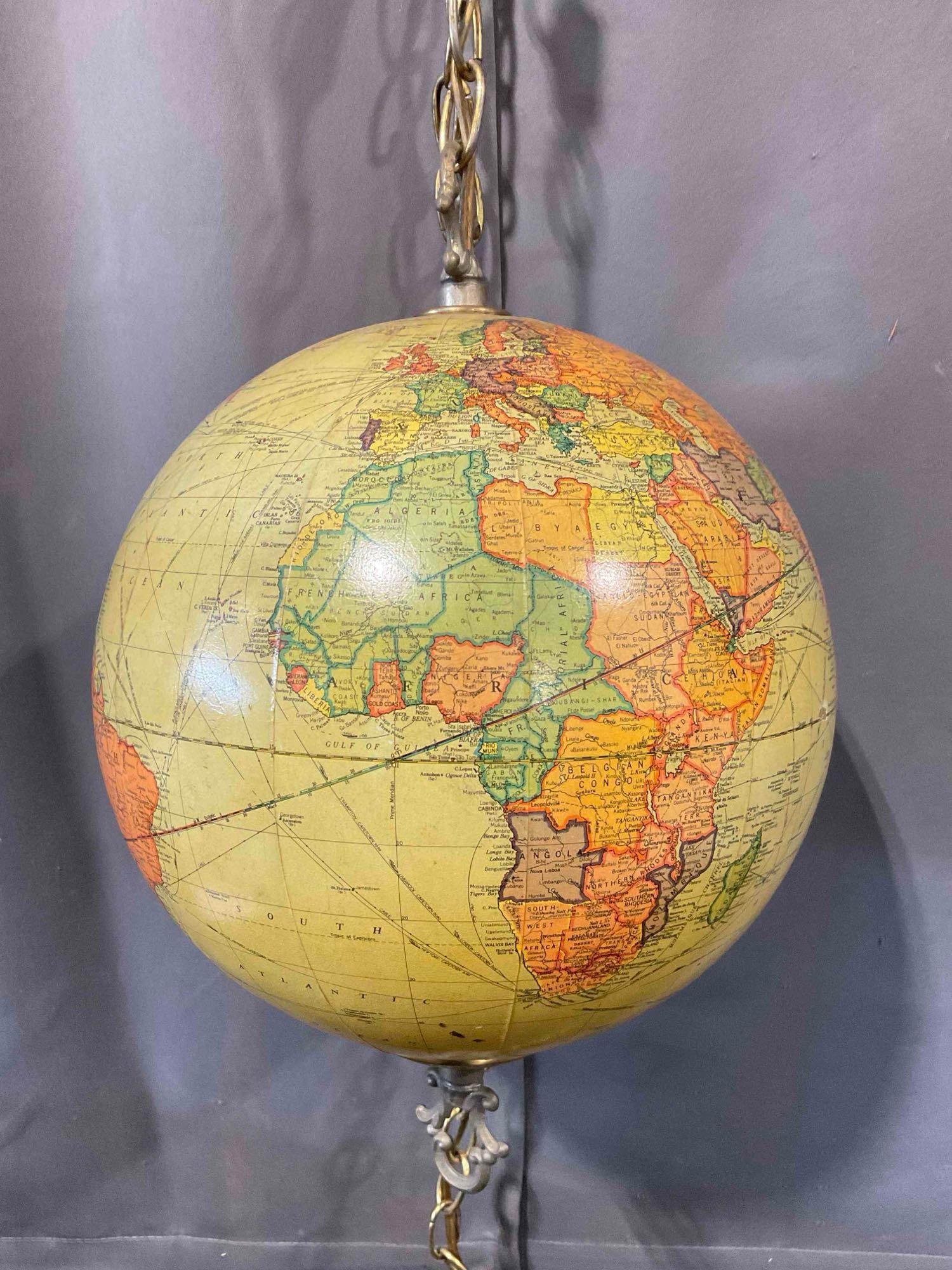 Vintage 10" Replogate Library Globe Repurposed as Hanging Lamp. Tested, Works. See pics. - 8