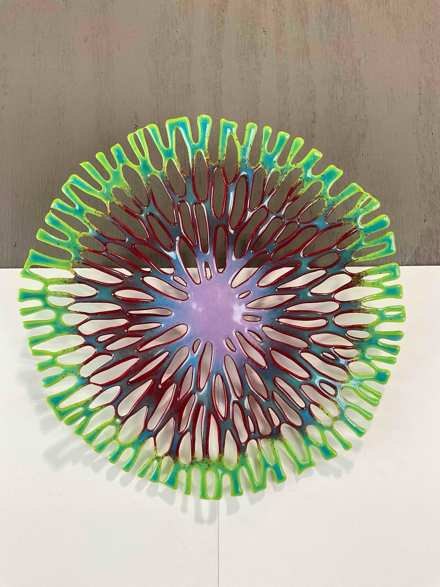 Beautiful Colorful Enameled Metal Hanging Wall Art by Local PNW Artist Kathy Barrett. See pics.: Beautiful Colorful Enameled Metal Hanging Wall Art by Local PNW Artist Kathy Barrett. Minor wear indicative of age and use, otherwise in Good Condition. Measures 12" x 12" x 2" DM-5770 Fragile! *