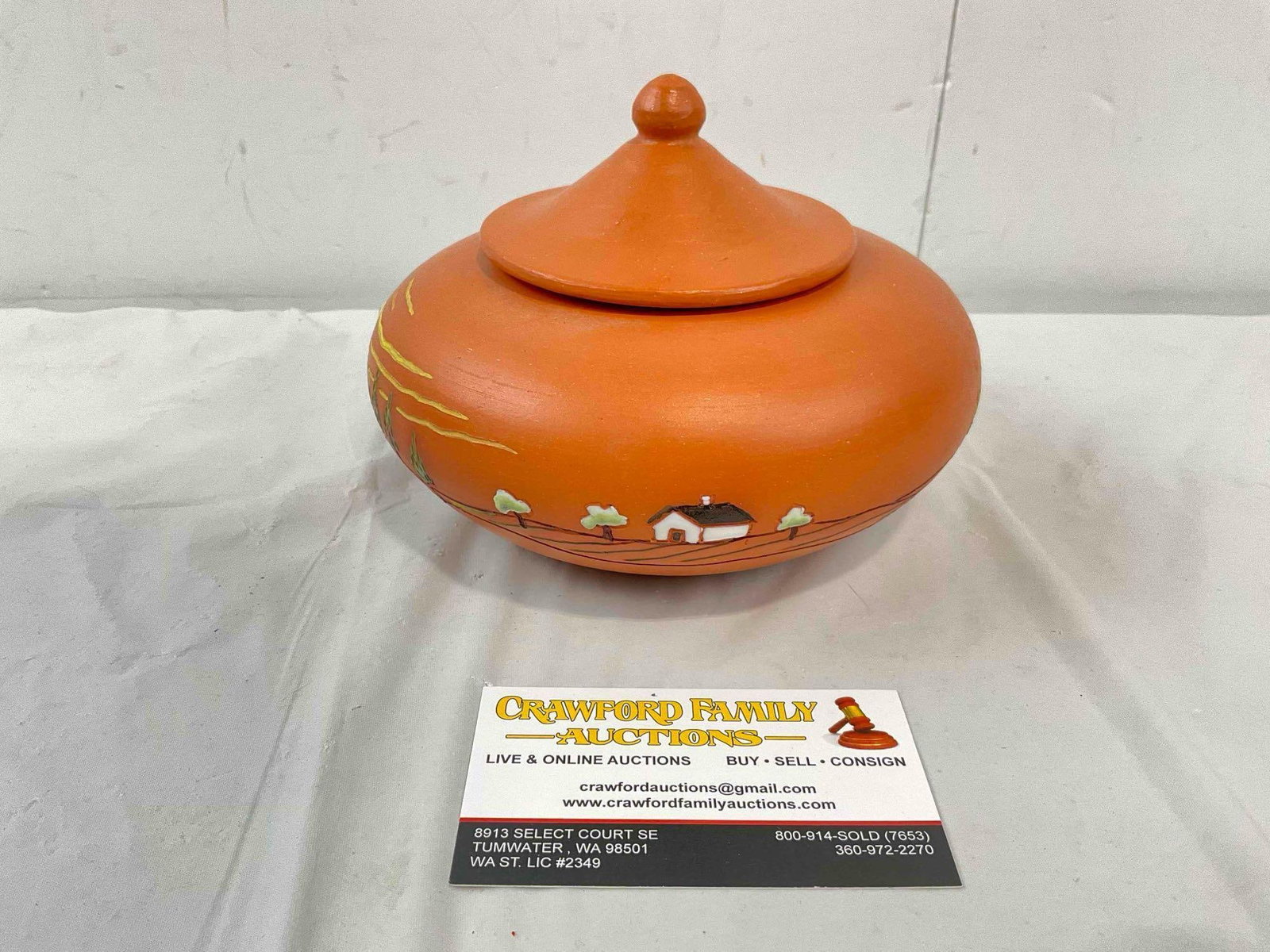 Vintage Portuguese Orange Lidded Clay Jar w/ Painted Country Scene, Signed by Artist. See pics.: Vintage Portuguese Orange Lidded Clay Jar w/ Painted Country Scene, Signed by Artist. Looks to be in good condition. Measures 6" x 6" x 5" DM-5770
