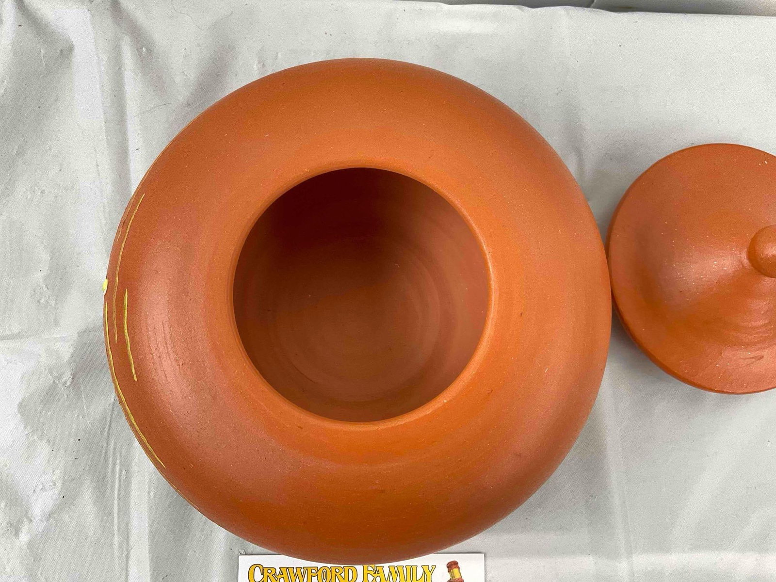 Vintage Portuguese Orange Lidded Clay Jar w/ Painted Country Scene, Signed by Artist. See pics. - 2
