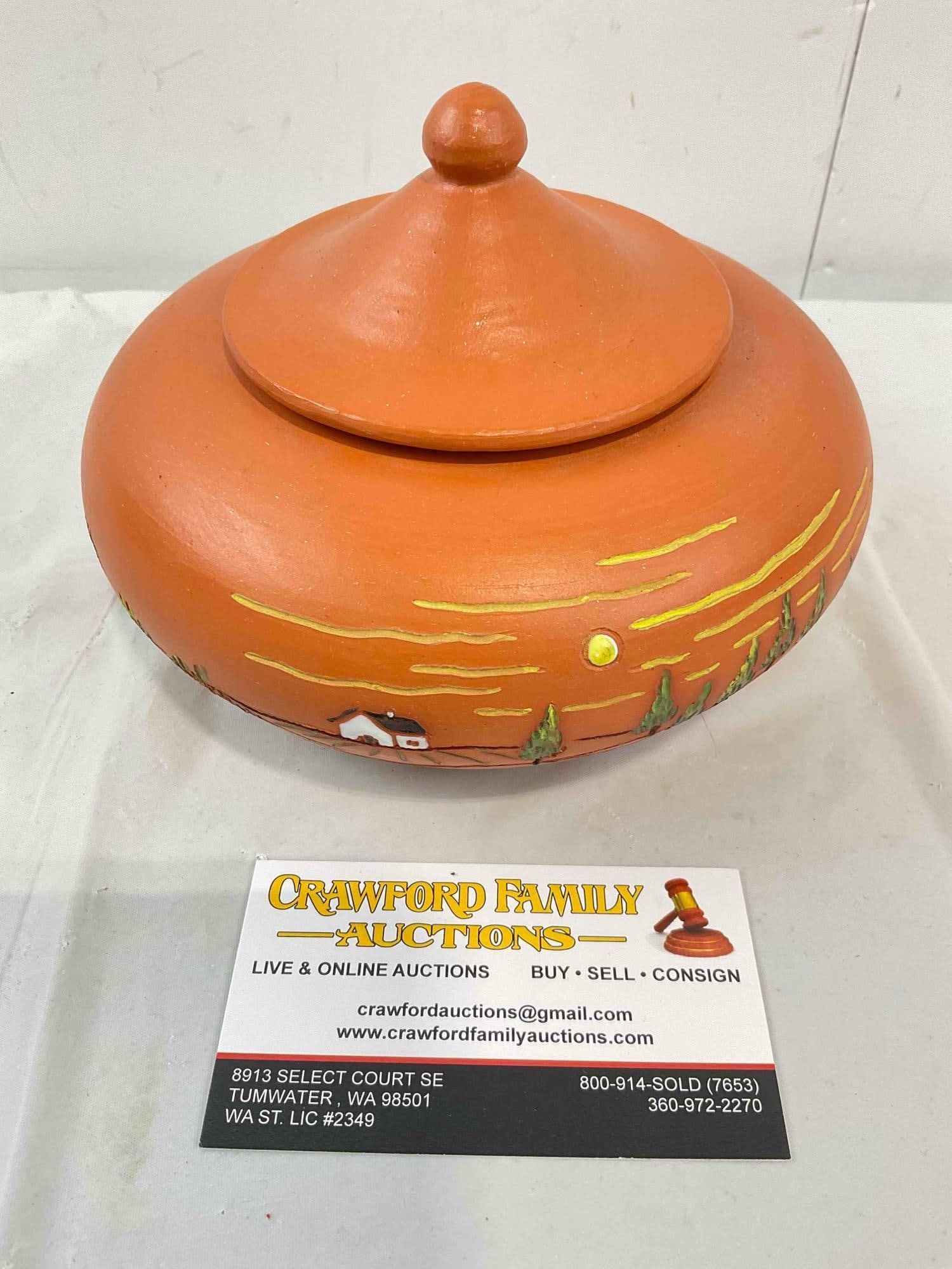 Vintage Portuguese Orange Lidded Clay Jar w/ Painted Country Scene, Signed by Artist. See pics. - 3