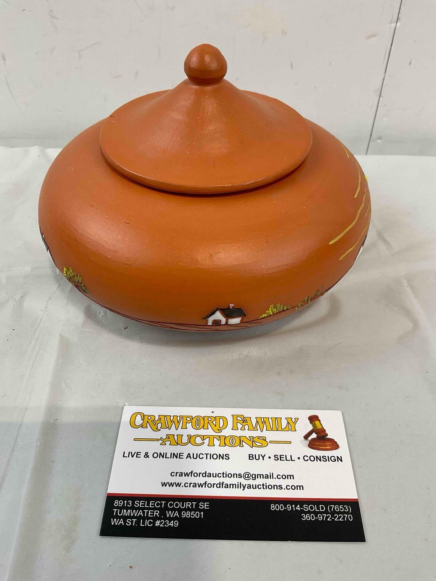 Vintage Portuguese Orange Lidded Clay Jar w/ Painted Country Scene, Signed by Artist. See pics. - 4