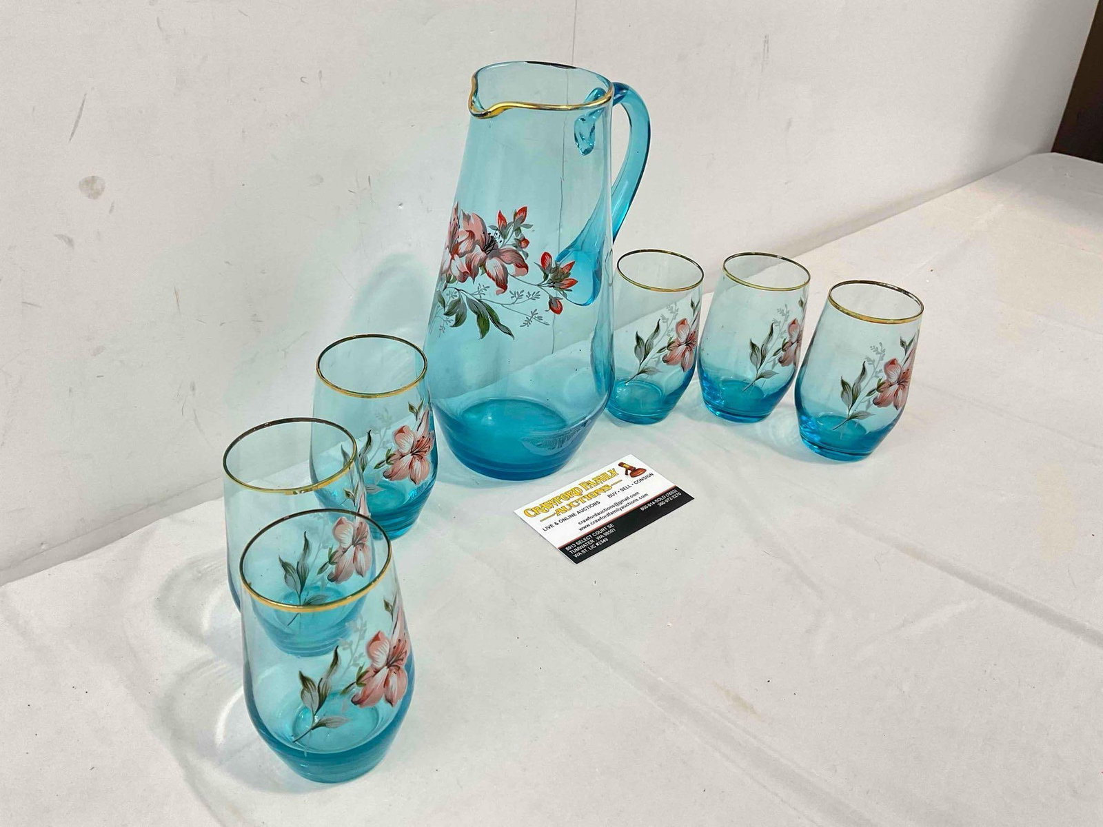 Vintage East German Aqua Blue Glass Pitcher & 6 pcs Glasses w/ Painted Flowers. See pics. - 2