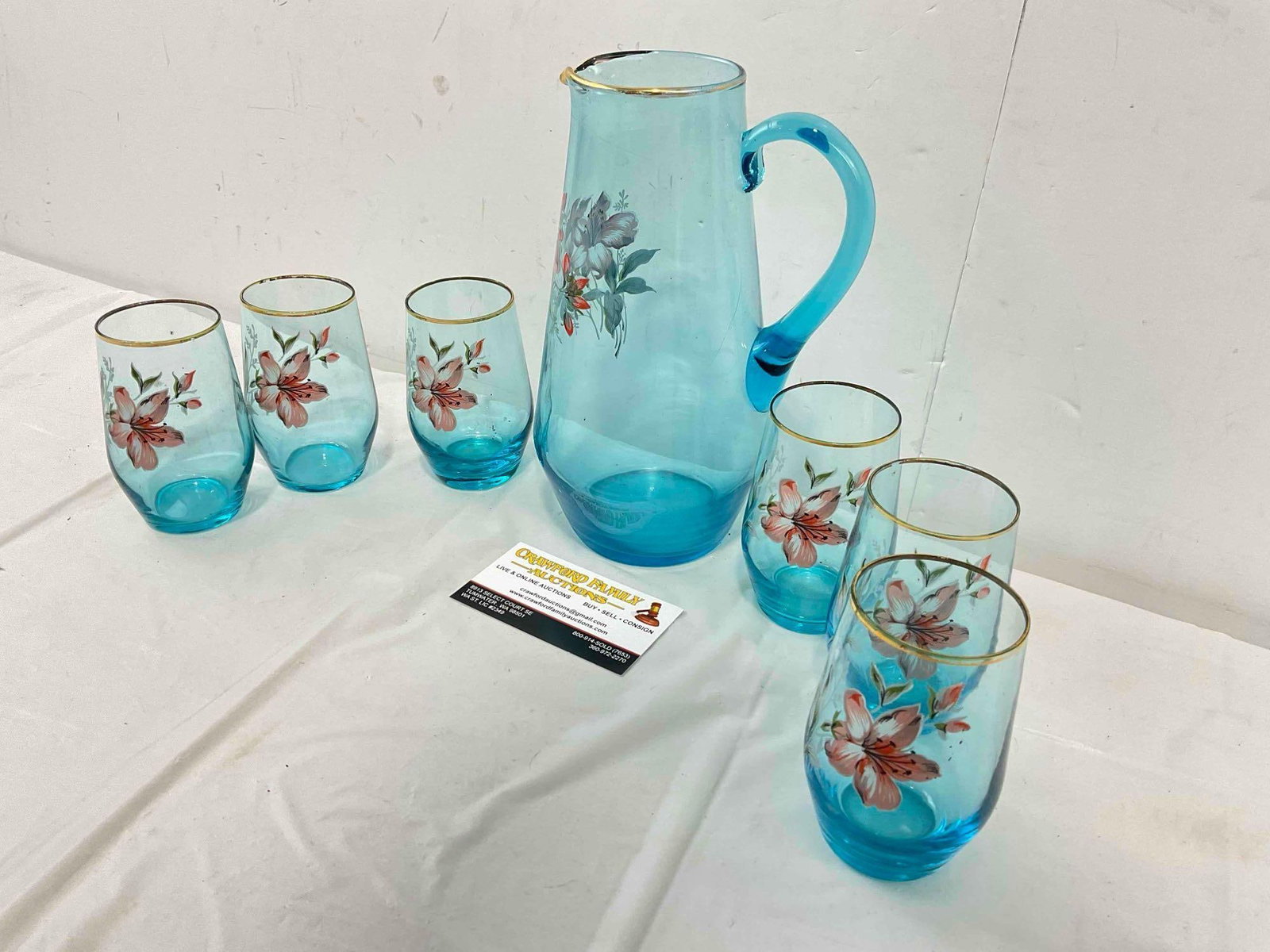 Vintage East German Aqua Blue Glass Pitcher & 6 pcs Glasses w/ Painted Flowers. See pics. - 3