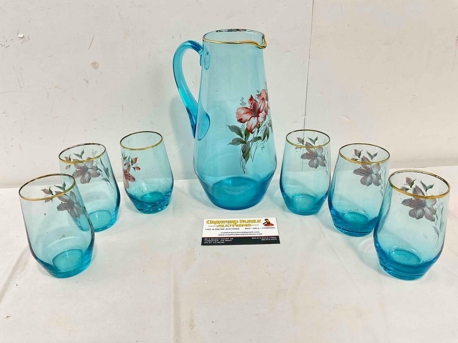 Vintage East German Aqua Blue Glass Pitcher & 6 pcs Glasses w/ Painted Flowers. See pics. - 4