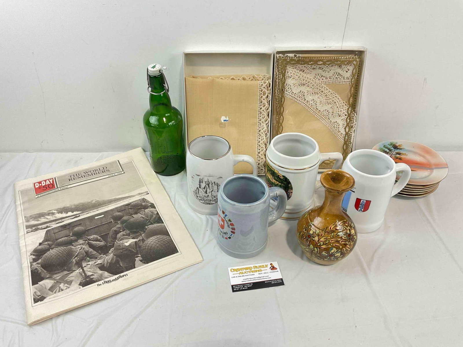15 pcs Vintage Assortment, incl. 4x Steins, 6x Japanese Ceramic Saucers & Much More! See pics.: 15 pcs Vintage Assortment, incl. 4x Steins, 6x Japanese Ceramic Saucers & Much More also includes Stars & Stripes 50th anniversary of D Day newspaper, French green glass bottle from Alsace,