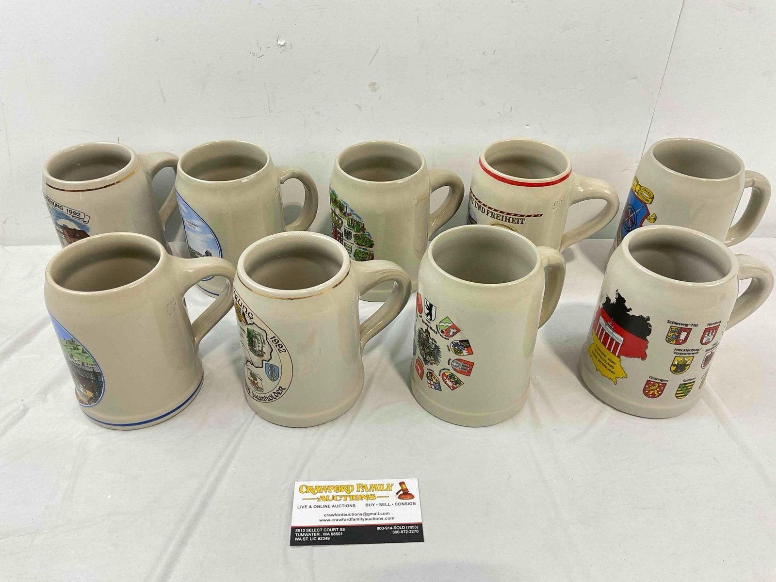 9 pcs Vintage Ceramic Beer Steins, Some West German. Good Condition. See pics.: 9 pcs Vintage Ceramic Beer Steins, Some West German. Good Condition. Minor wear indicative of age and use, condition is otherwise good. Fits in box measuring 12" x 15" x 10" Dm-5770