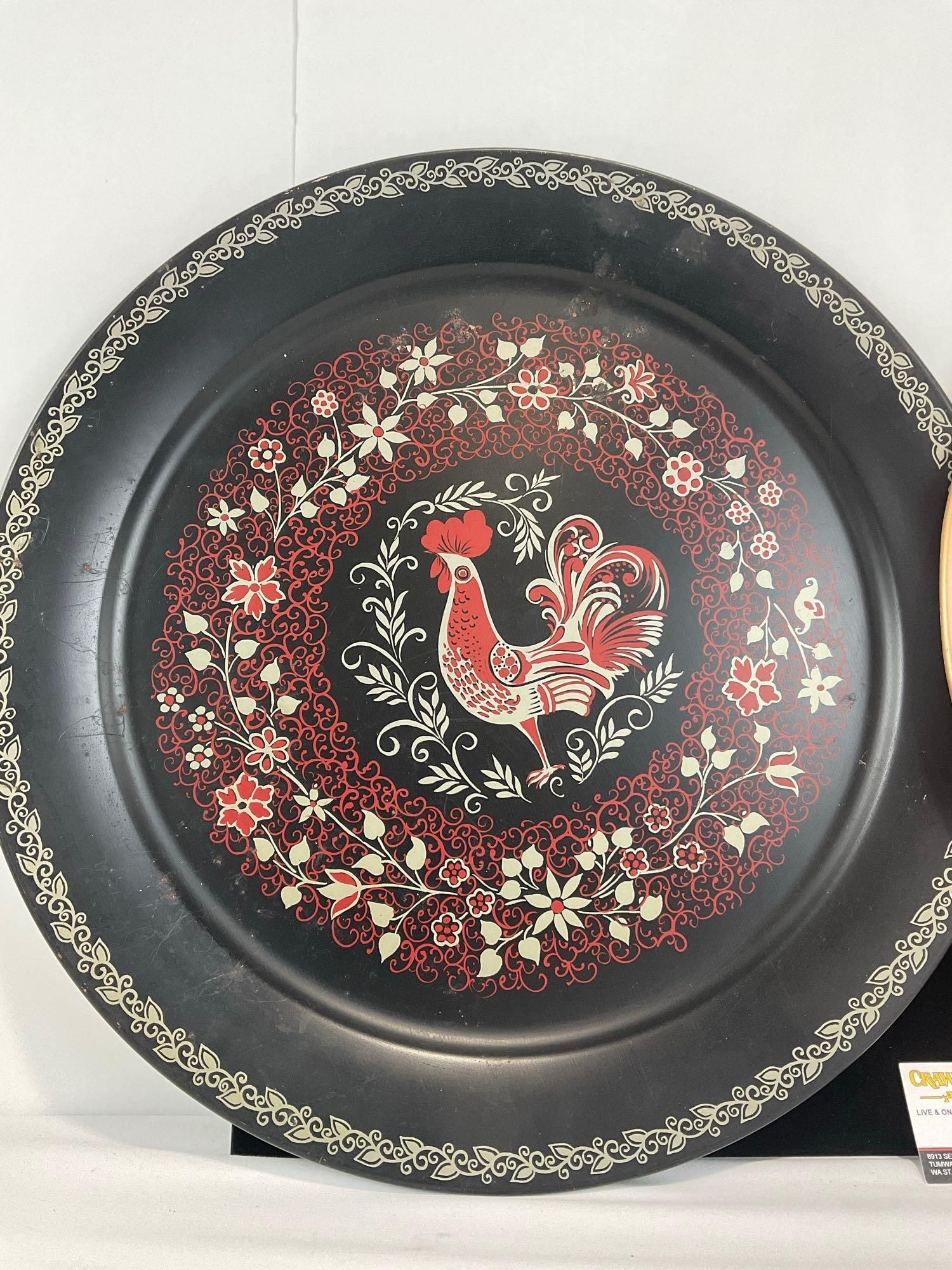 2 Vintage 1960s Handpainted Metal Serving Trays, Rooster in the center, Black/White & Red/Gold - 2