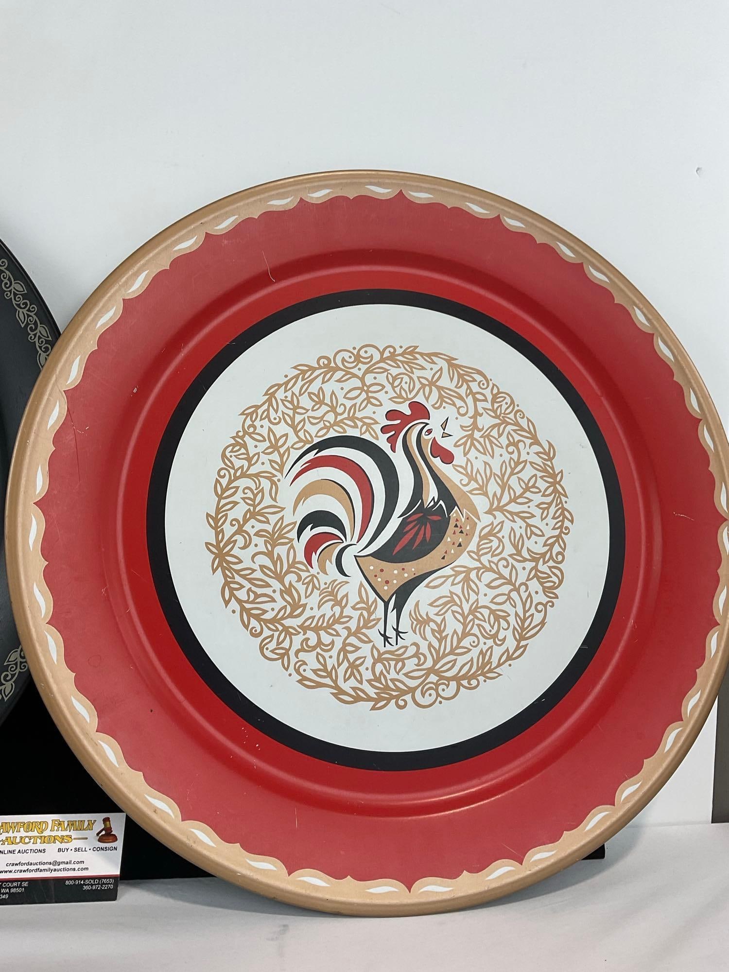 2 Vintage 1960s Handpainted Metal Serving Trays, Rooster in the center, Black/White & Red/Gold - 3