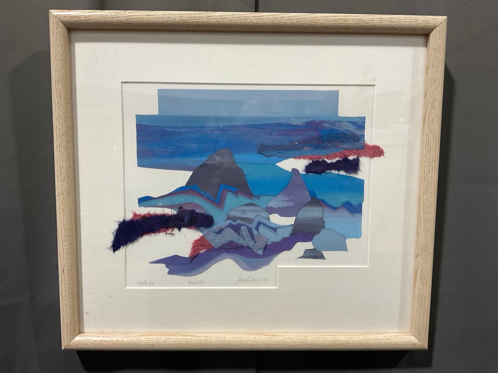 Framed Multimedia Art piece, titled Winter Sea, 17h x 19w x 3d inches: The piece is titled, and signed on the bottom edge. Winter Sea, the rest is hard to read, looks like Series Y4E & Saha Richard 94. Appears to be in good shape. The piece measures approx 17h x 19w 
