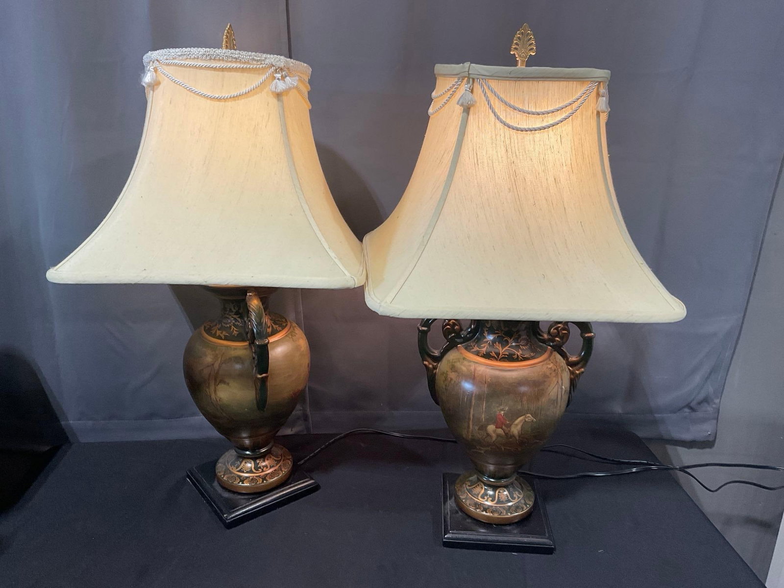 Pair of Painted Urn style Table Lamps, tested & working w/ Cream color cloth Shades, 31h x 17d inch (1 of 5)
