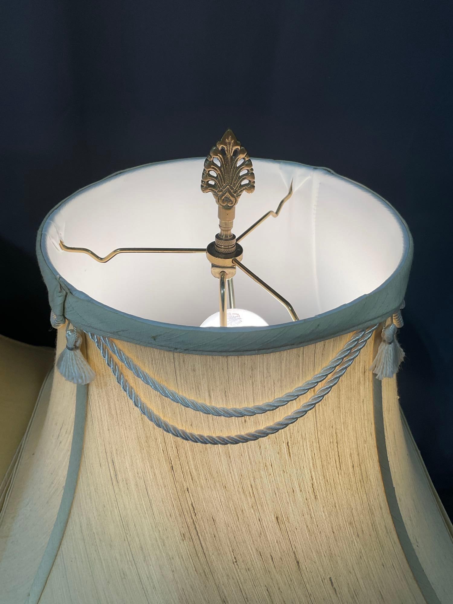 Pair of Painted Urn style Table Lamps, tested & working w/ Cream color cloth Shades, 31h x 17d inch - 2