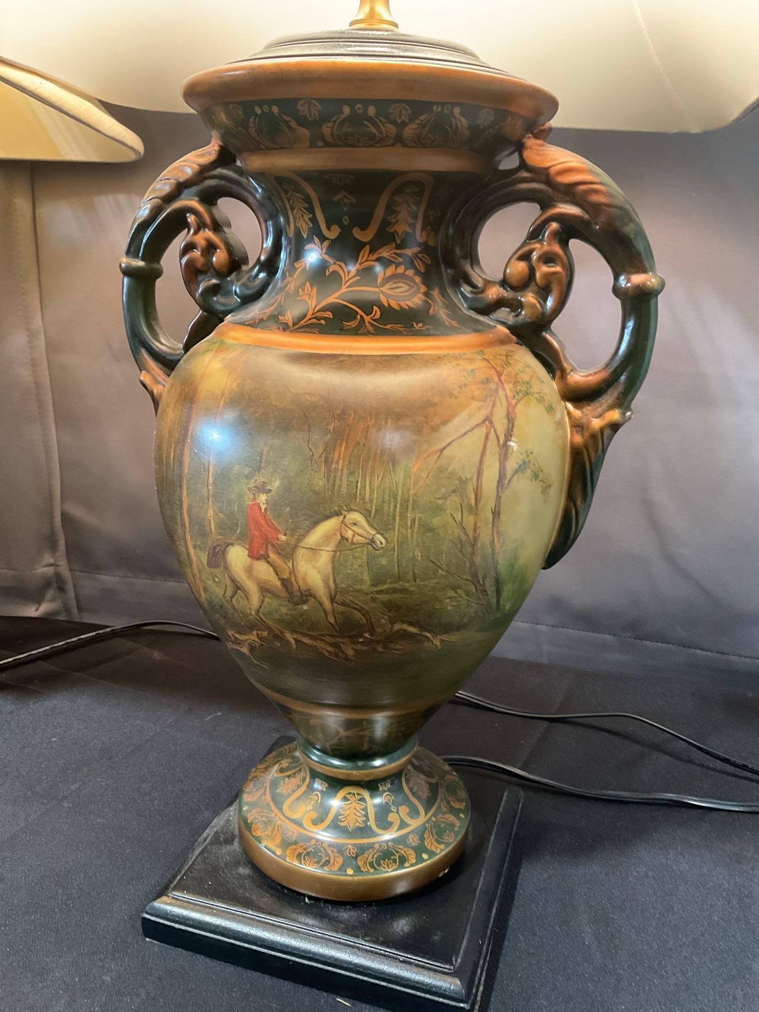 Pair of Painted Urn style Table Lamps, tested & working w/ Cream color cloth Shades, 31h x 17d inch - 3