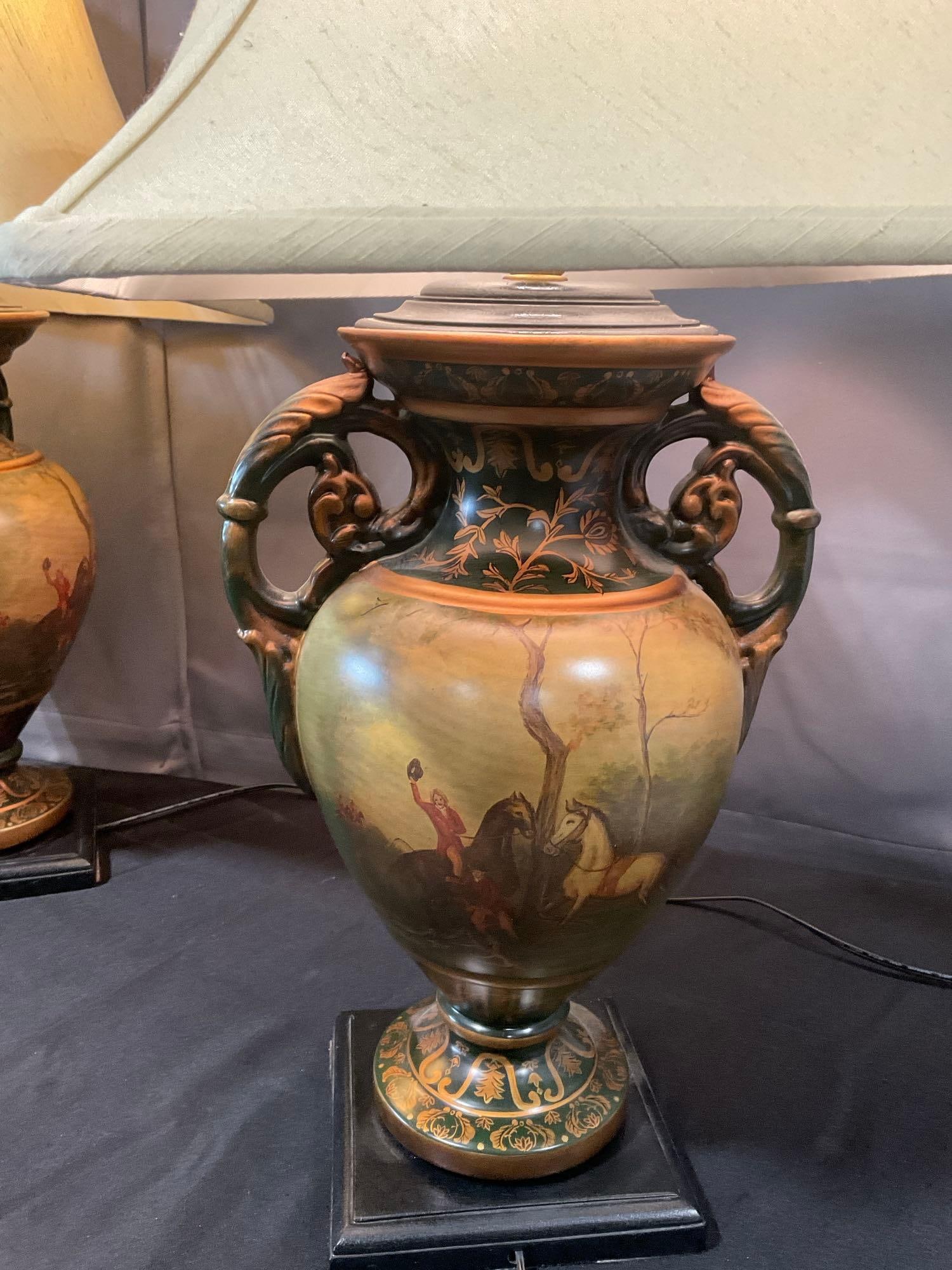 Pair of Painted Urn style Table Lamps, tested & working w/ Cream color cloth Shades, 31h x 17d inch - 4