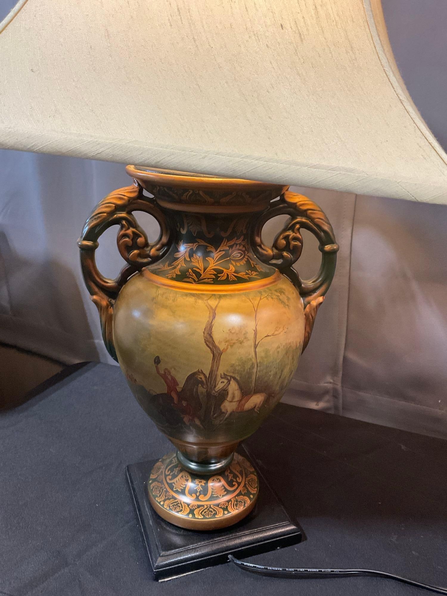 Pair of Painted Urn style Table Lamps, tested & working w/ Cream color cloth Shades, 31h x 17d inch - 5