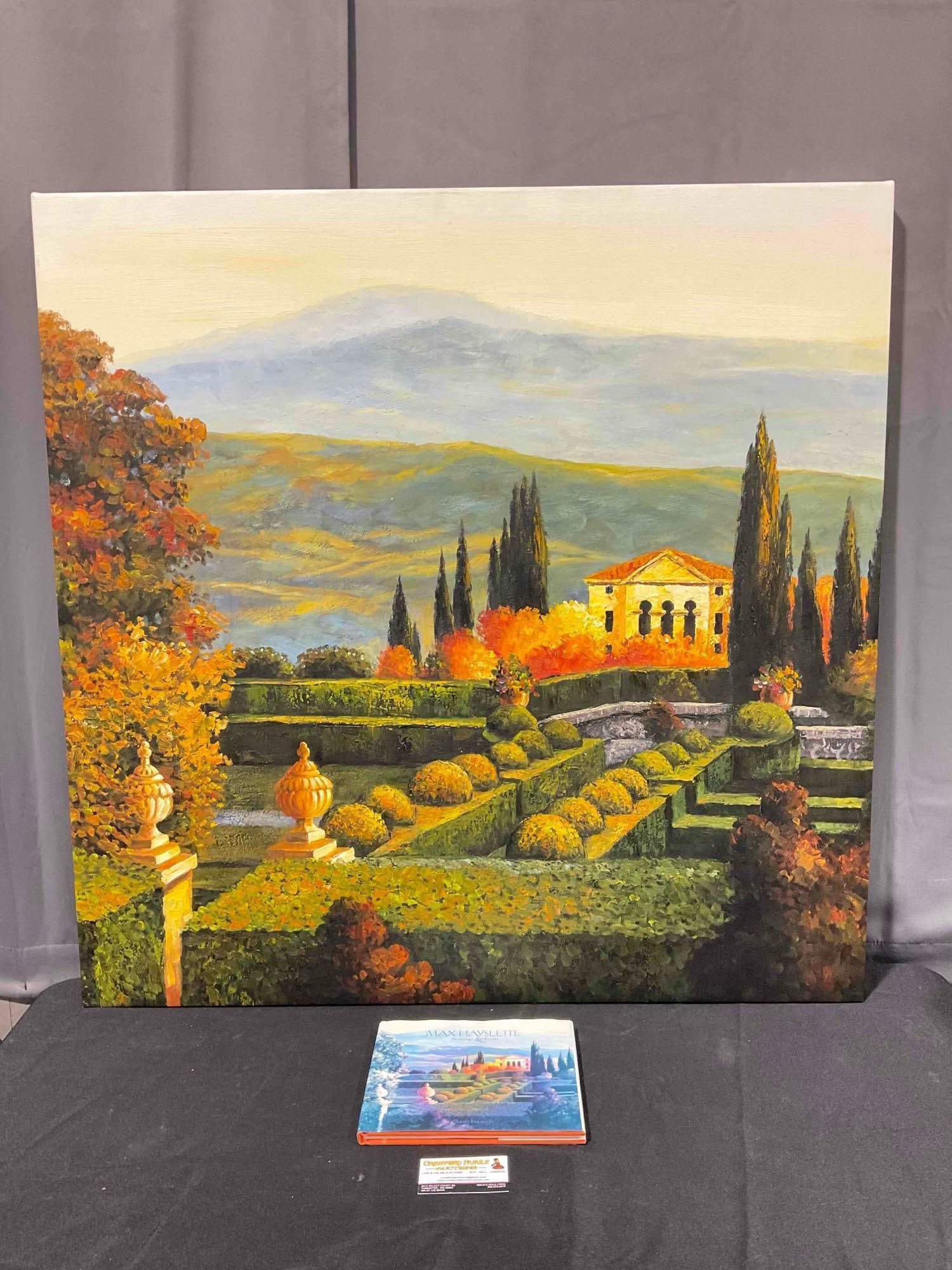 Unframed Oil Paint Print on Canvas The Villa dOrcia by Max Hayslette w/Book: Unframed Oil Paint Print on Canvas The Villa dOrcia by Max Hayslette w/ Book. Paint on canvas, not an original. Book is sun faded, condition is otherwise very good. Larger measures 40 x