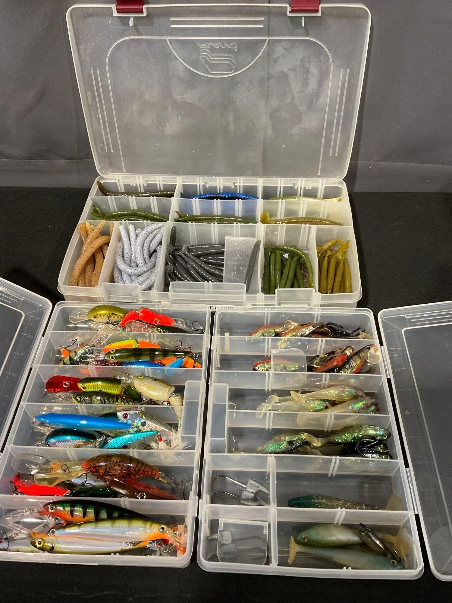 3 Boxes of Fishing Lures, Rods, Stick Baits, Crankbaits, & more, by Rapala, & more: Appears to be in good shape. The piece measures approx 4h x 16w x 12d inches. See pics. E-5600