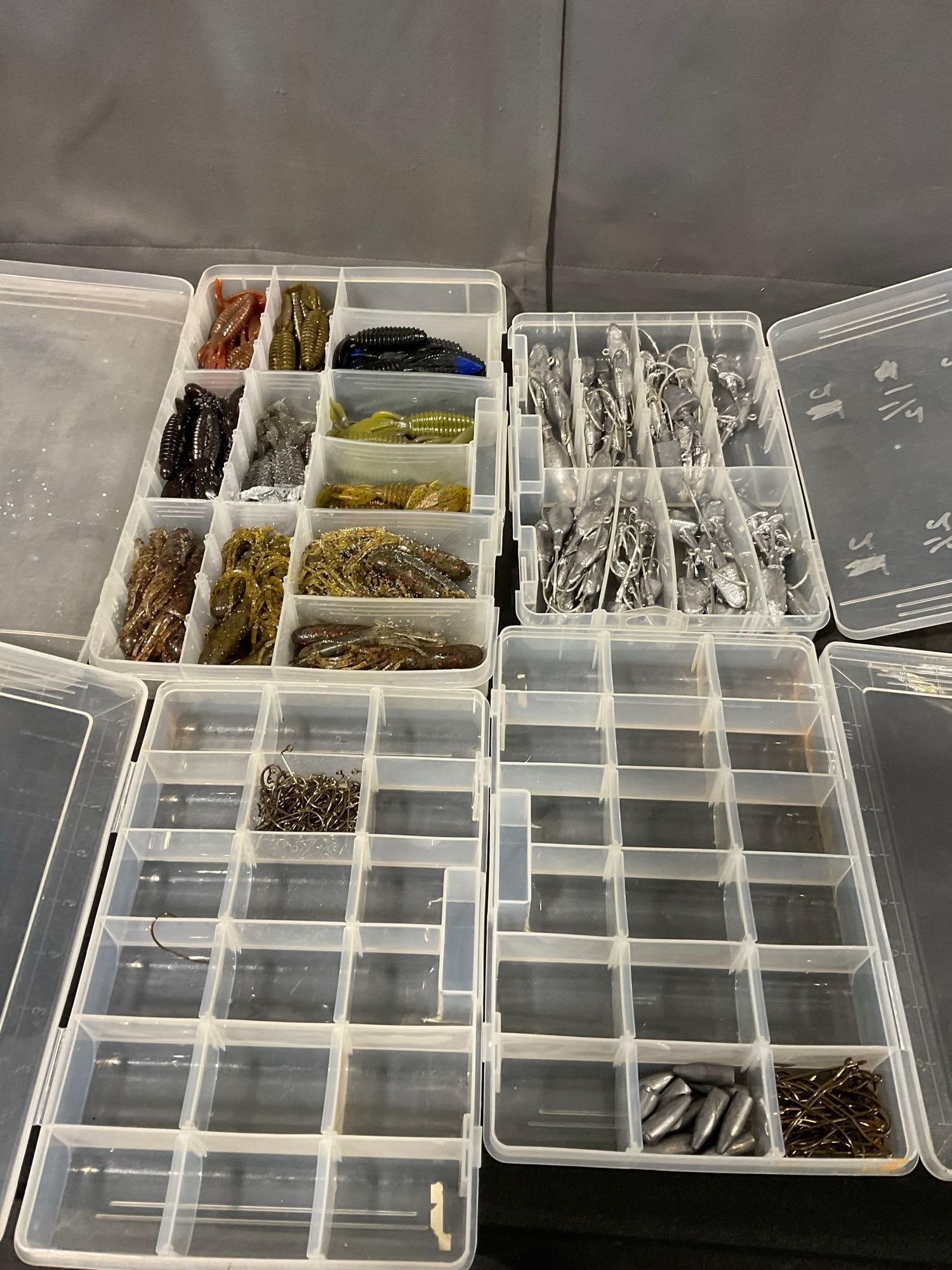 4 Boxes of Soft Creature Fishing Lures, handmade Leaded Hooks & 2 largely empty (1 of 4)