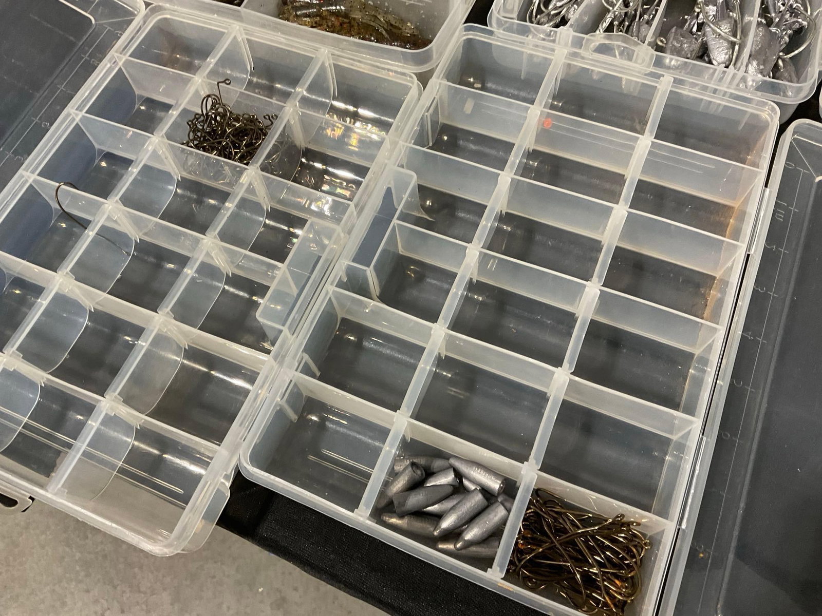 4 Boxes of Soft Creature Fishing Lures, handmade Leaded Hooks & 2 largely empty - 2