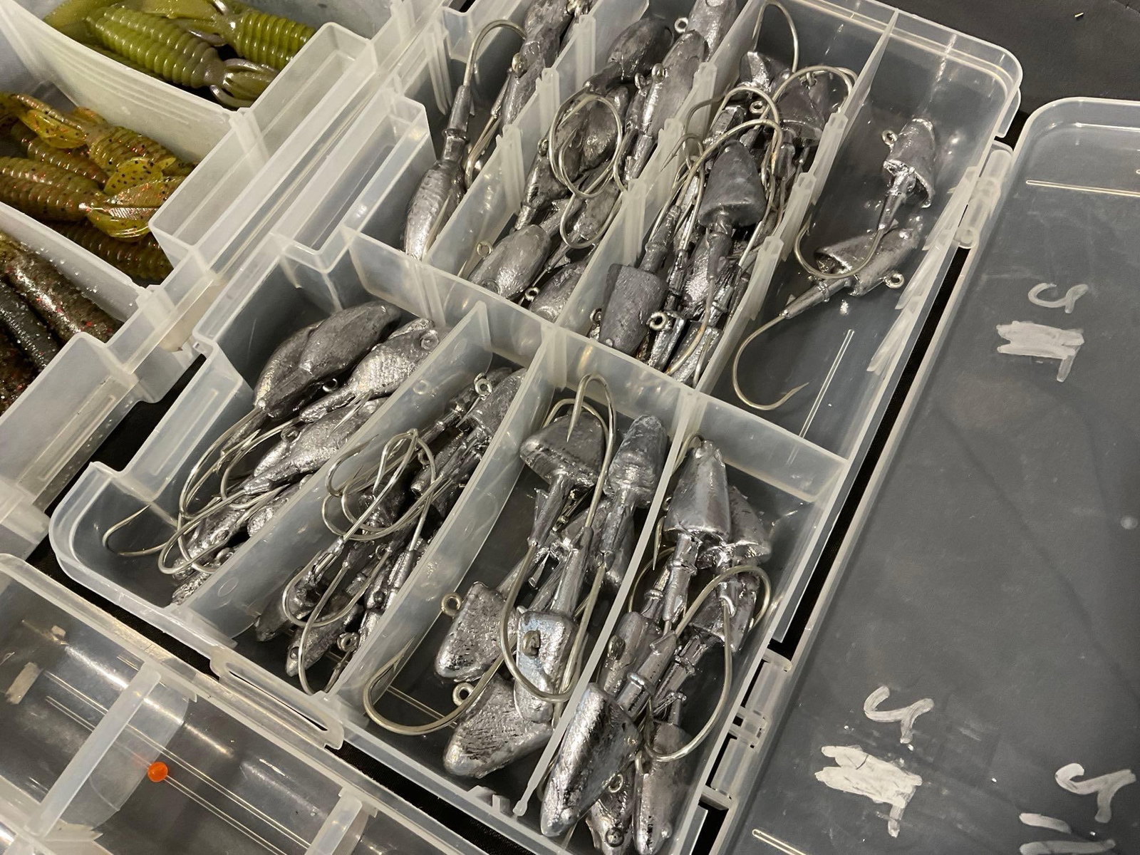 4 Boxes of Soft Creature Fishing Lures, handmade Leaded Hooks & 2 largely empty - 3