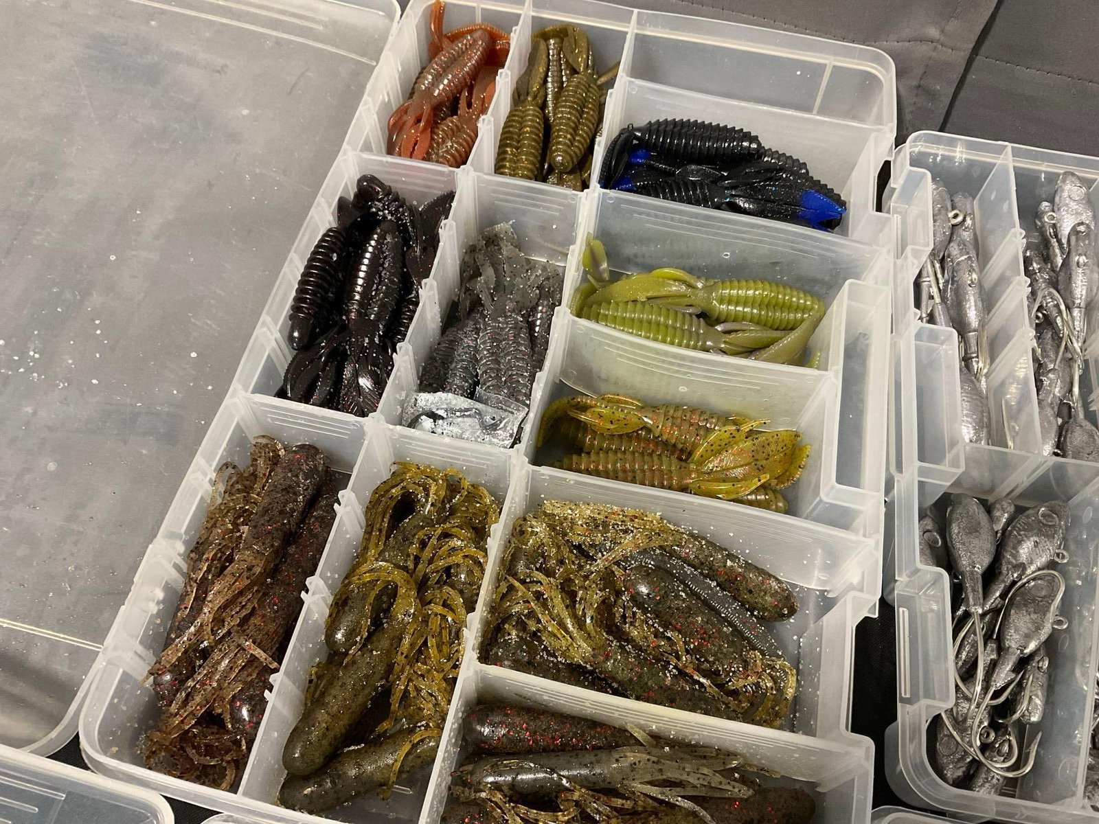 4 Boxes of Soft Creature Fishing Lures, handmade Leaded Hooks & 2 largely empty - 4