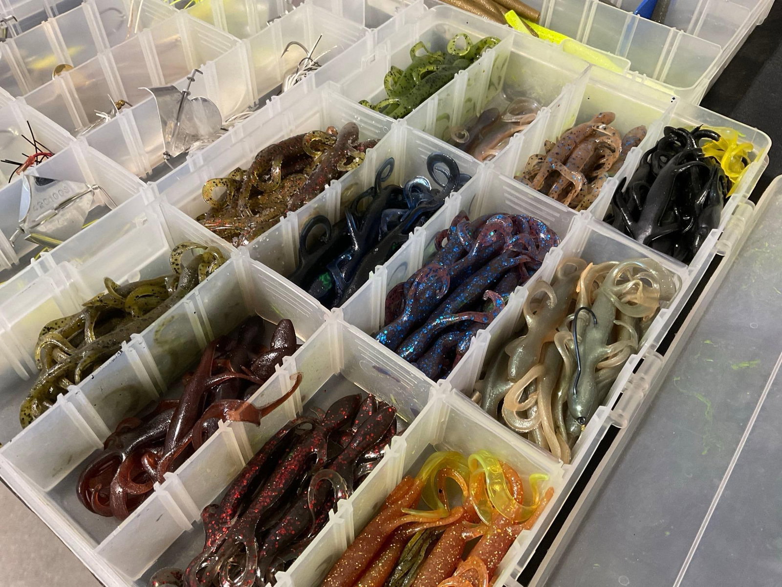 3 Boxes of Fishing Lures, Flashers, Rods, Craws, Tubs & Creature Baits - 2