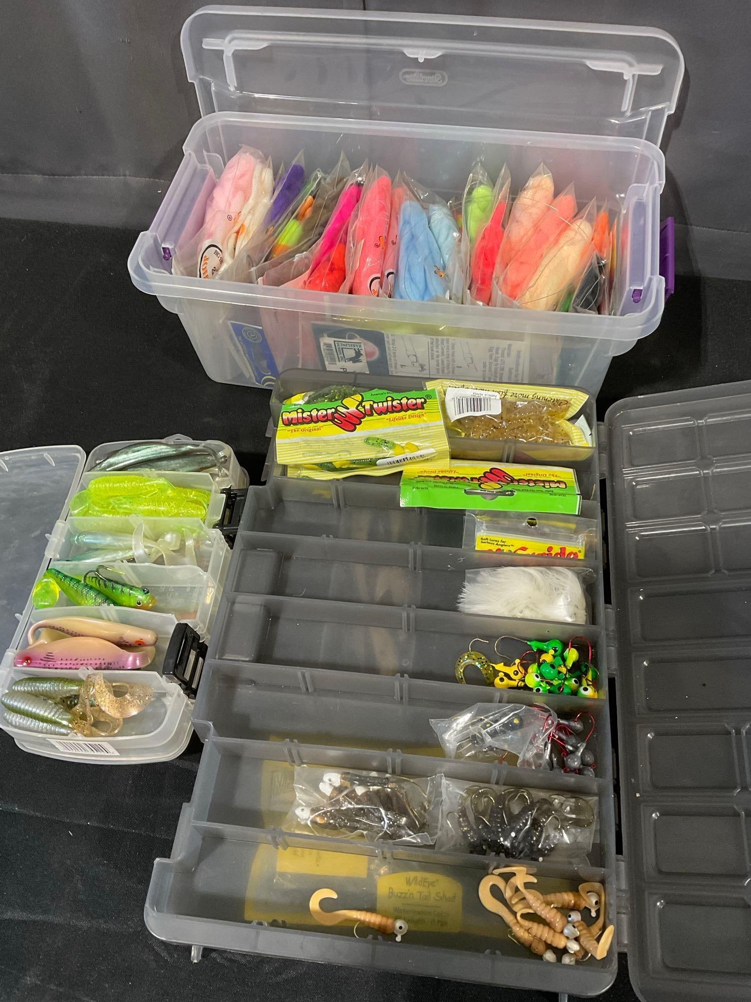 3 Boxes of Fishing Lures, Grubs, Crappie, Jig Heads, Glo Bugs Yarn: Appears to be in good shape. The piece measures approx 10h x 16w x 10d inches. See pics. E-5600