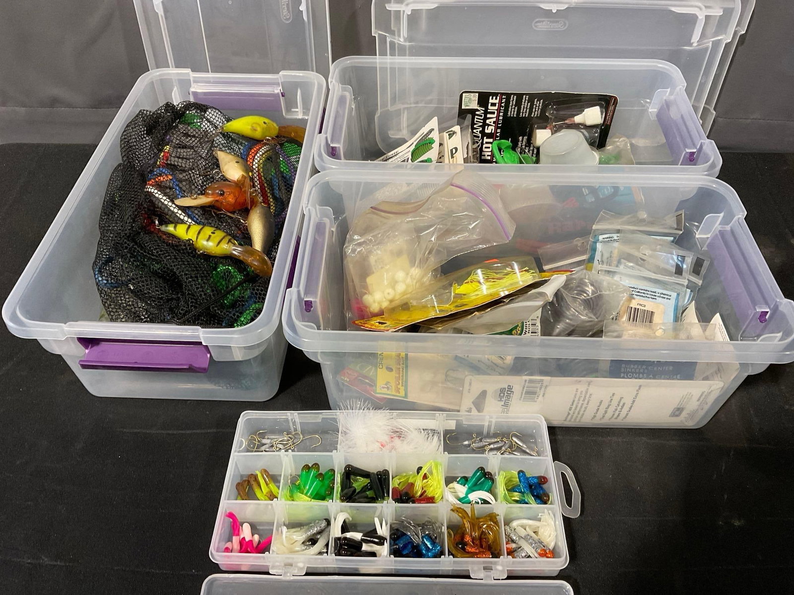 4 Boxes of Fishing Supplies & Lures, Crappie, Modern Lures, Rolls of Lead, & more: Appears to be in good shape. The piece measures approx 7h x 20w x 16d inches. See pics. E-5600