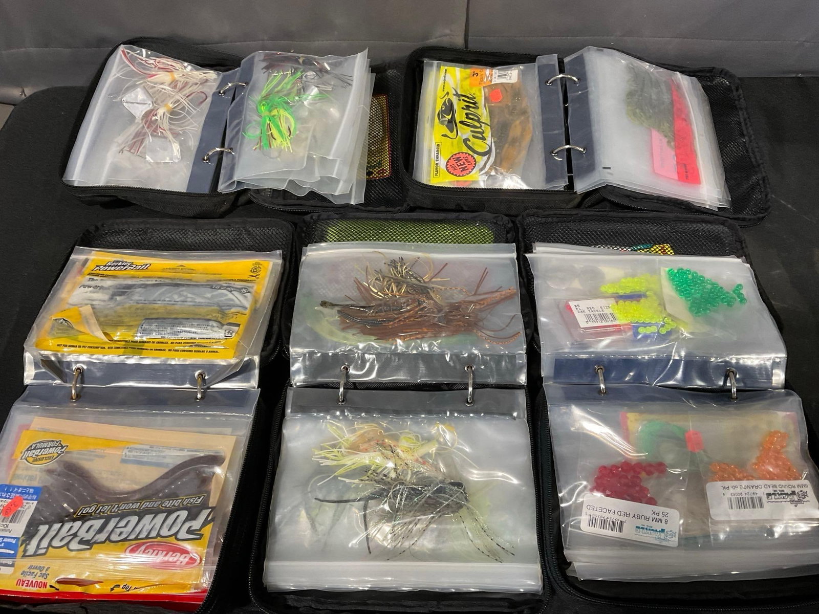 5 Soft Quantum Bags full of Fishing Baits, Tubes, Creature, Roe, & more types: Appears to be in good shape. The piece measures approx 10h x 9w x 12d inches. See pics. E-5600