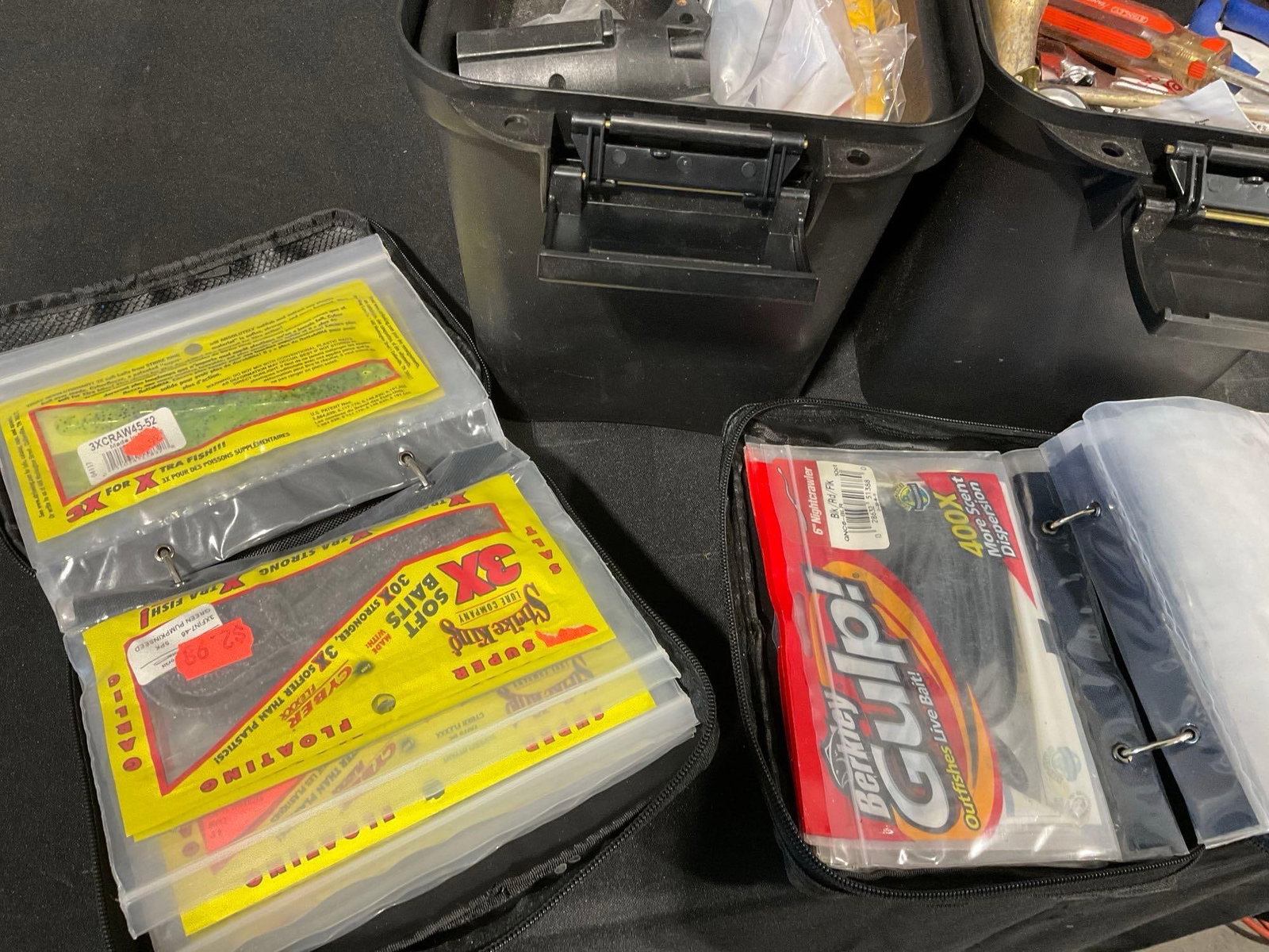 2 Black Heavy Duty Utility Boxes w/fishing supplies, & 2 packs w/an array of Soft Fishing Lures - 2