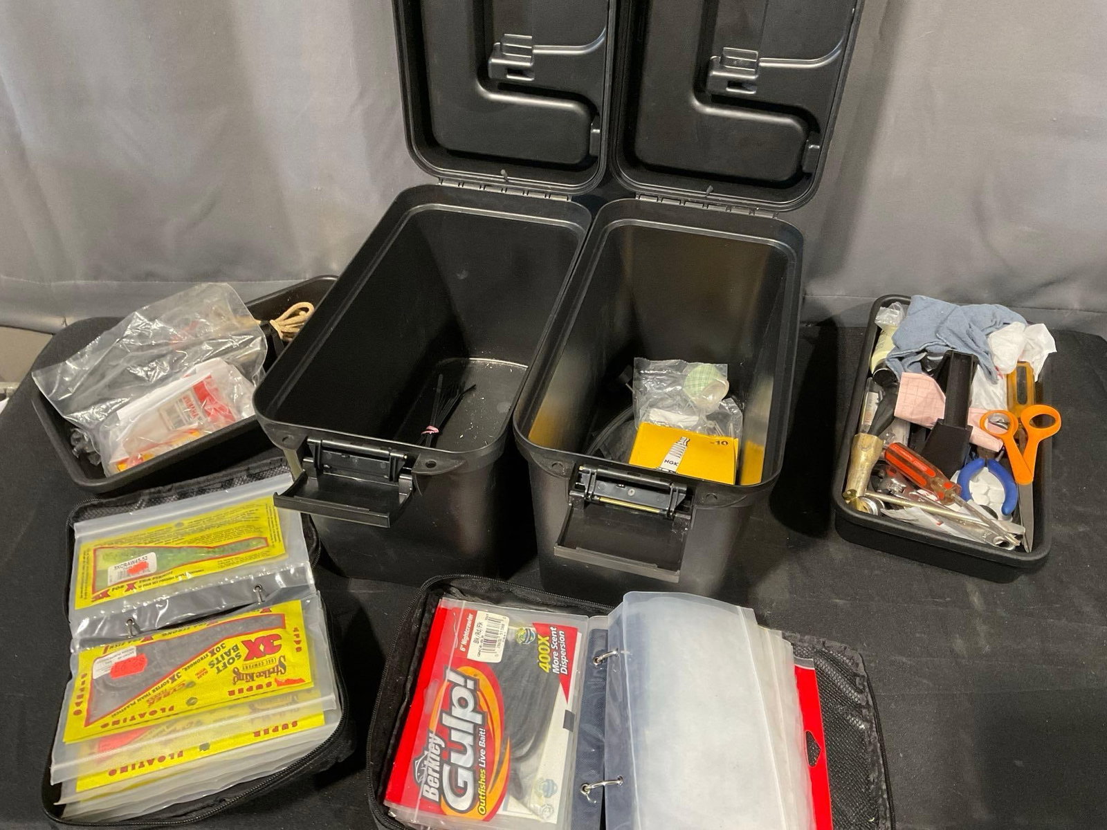 2 Black Heavy Duty Utility Boxes w/fishing supplies, & 2 packs w/an array of Soft Fishing Lures - 4