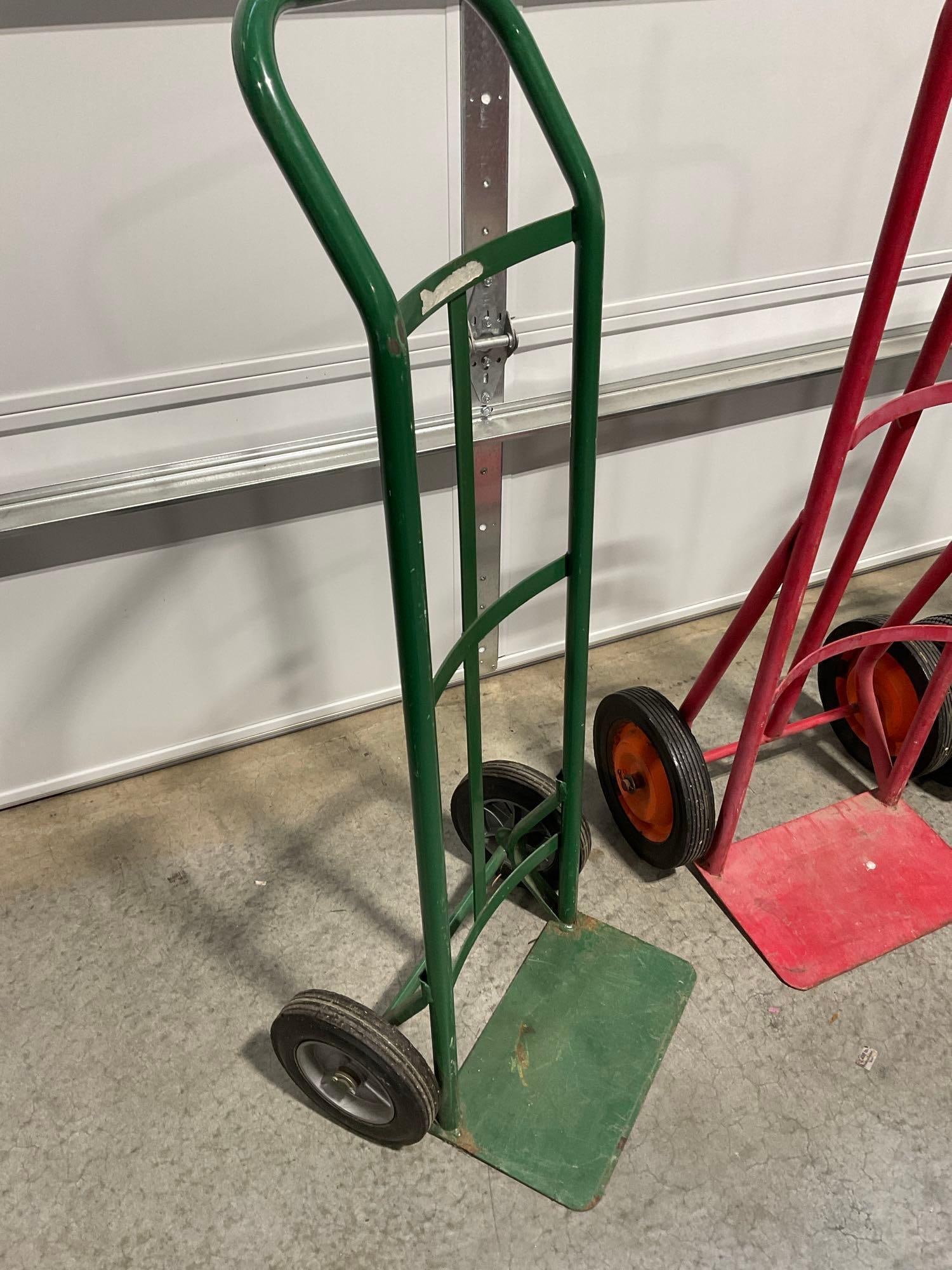 3 Hand Truck Steel Dollys in used shape, Red, Green & Bare Steel, solid & inflatable tires - 2
