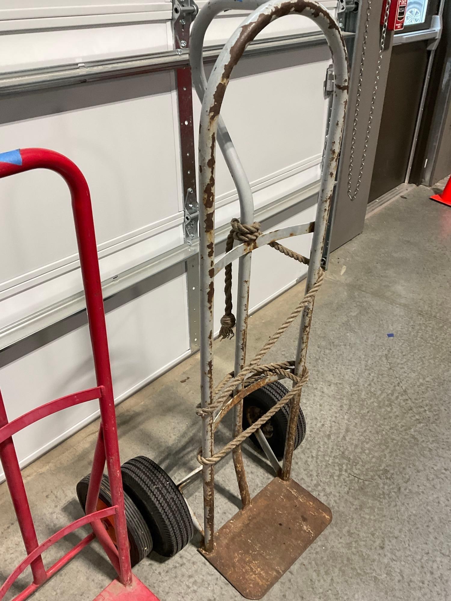 3 Hand Truck Steel Dollys in used shape, Red, Green & Bare Steel, solid & inflatable tires - 4