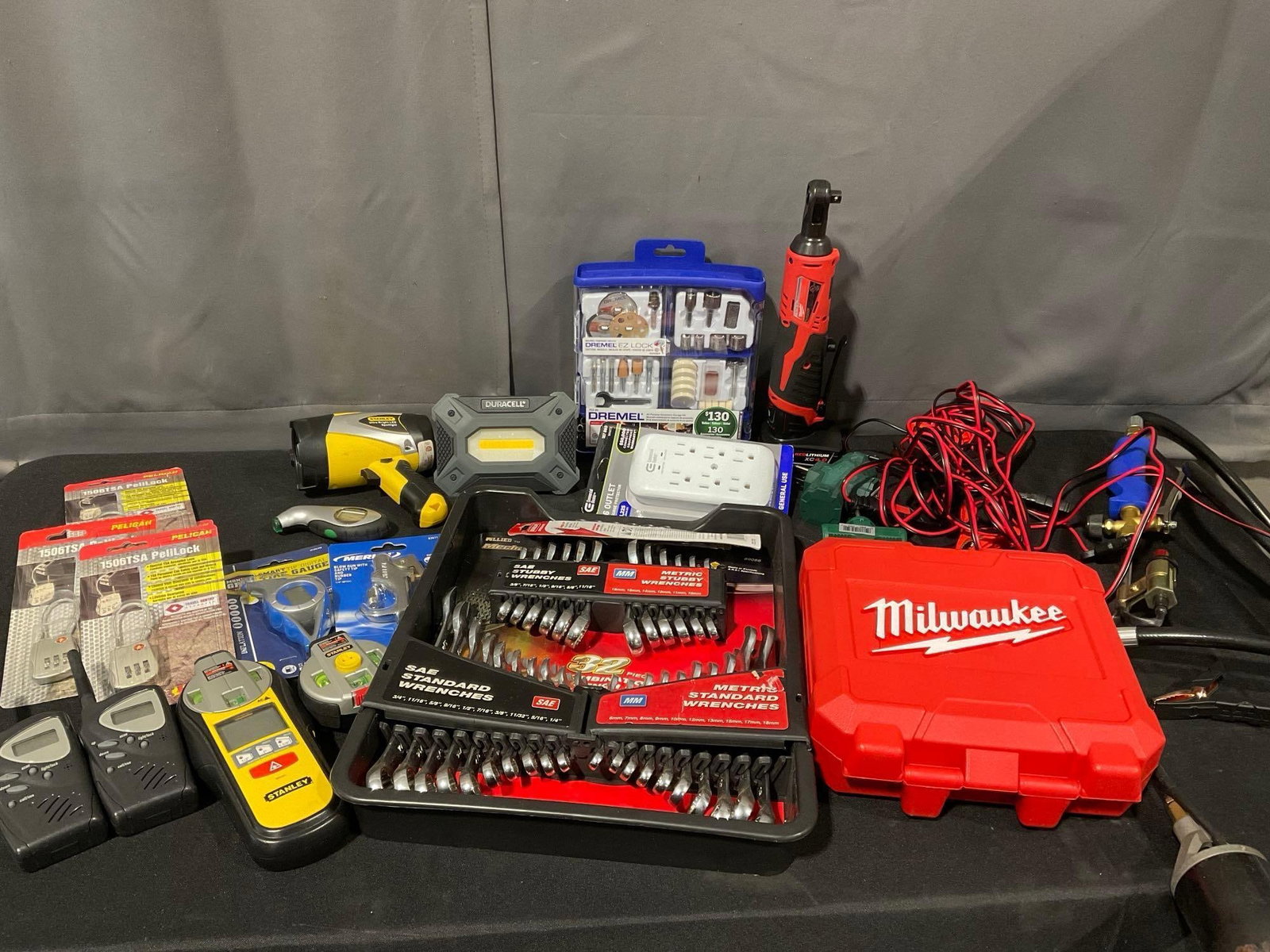 Assortment of Tools, Milwaukee Hole Saw Bits, SAE & Metric Wrench Set, Locks, Stud Finder, Dremel & (1 of 6)