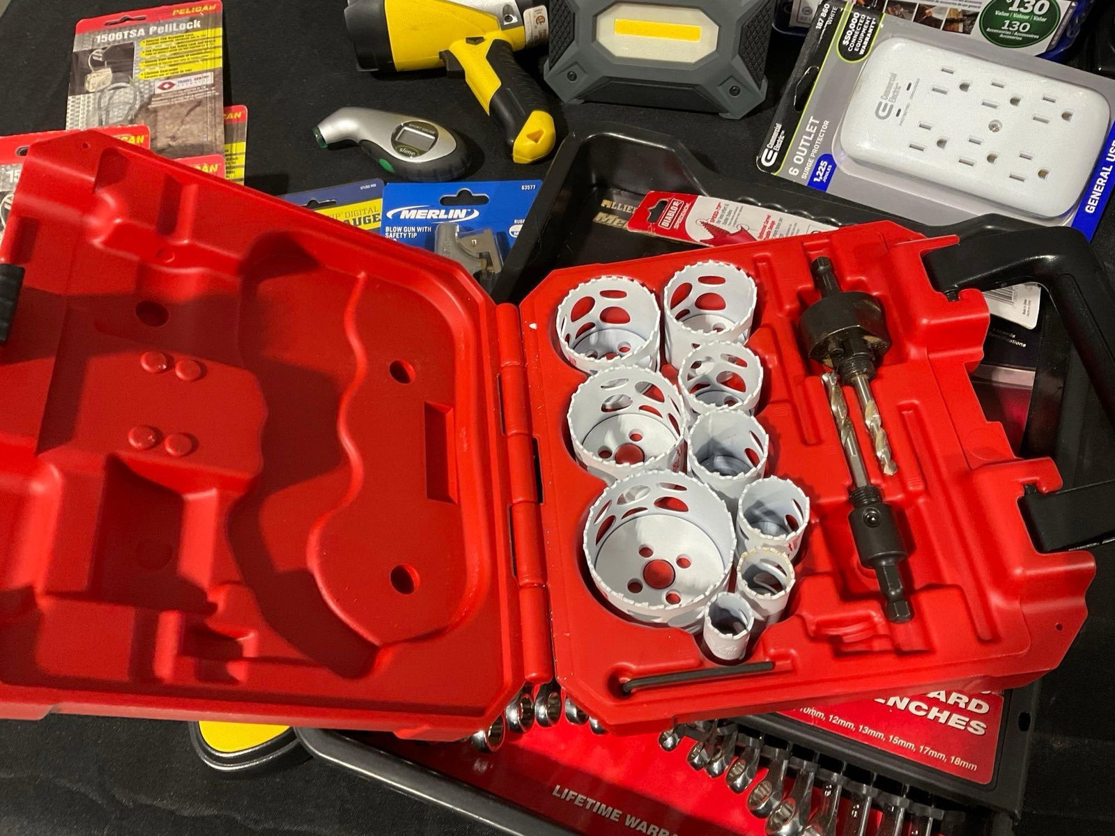 Assortment of Tools, Milwaukee Hole Saw Bits, SAE & Metric Wrench Set, Locks, Stud Finder, Dremel & - 6