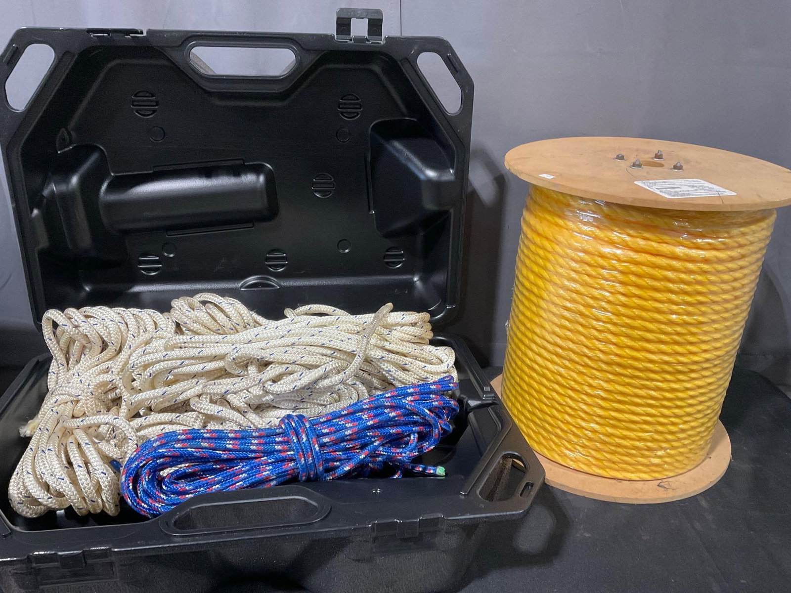 Several 100ft Ropes in Molded Plastic MSA Case & 600 FT Sealed Spool of Nylon 5/8 inch: Appears to be in good shape. The piece measures approx 30h x 28w x 18d inches. See pics. E-5600