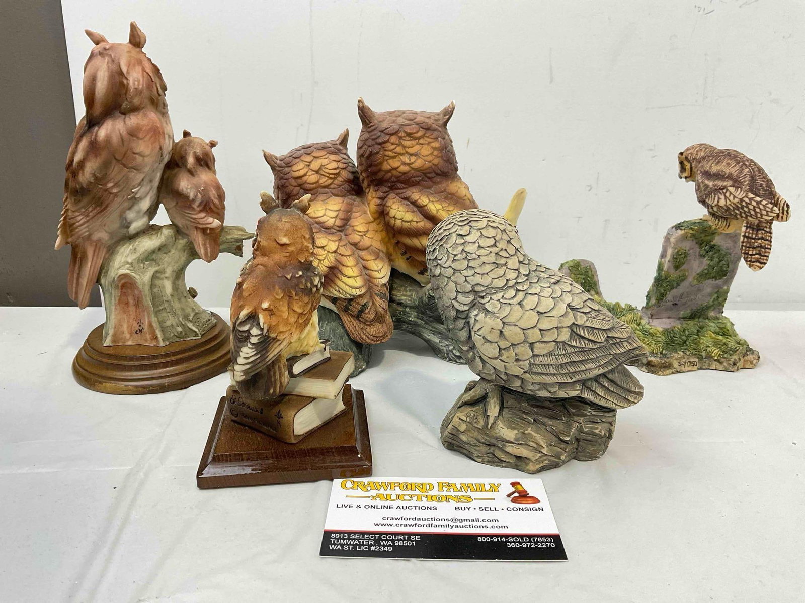 5 pcs Vintage Owl Figurines, incl. 2x Resin Giuseppe Armani & 1x Mt. St. Helen's Ash. See pics. - 4
