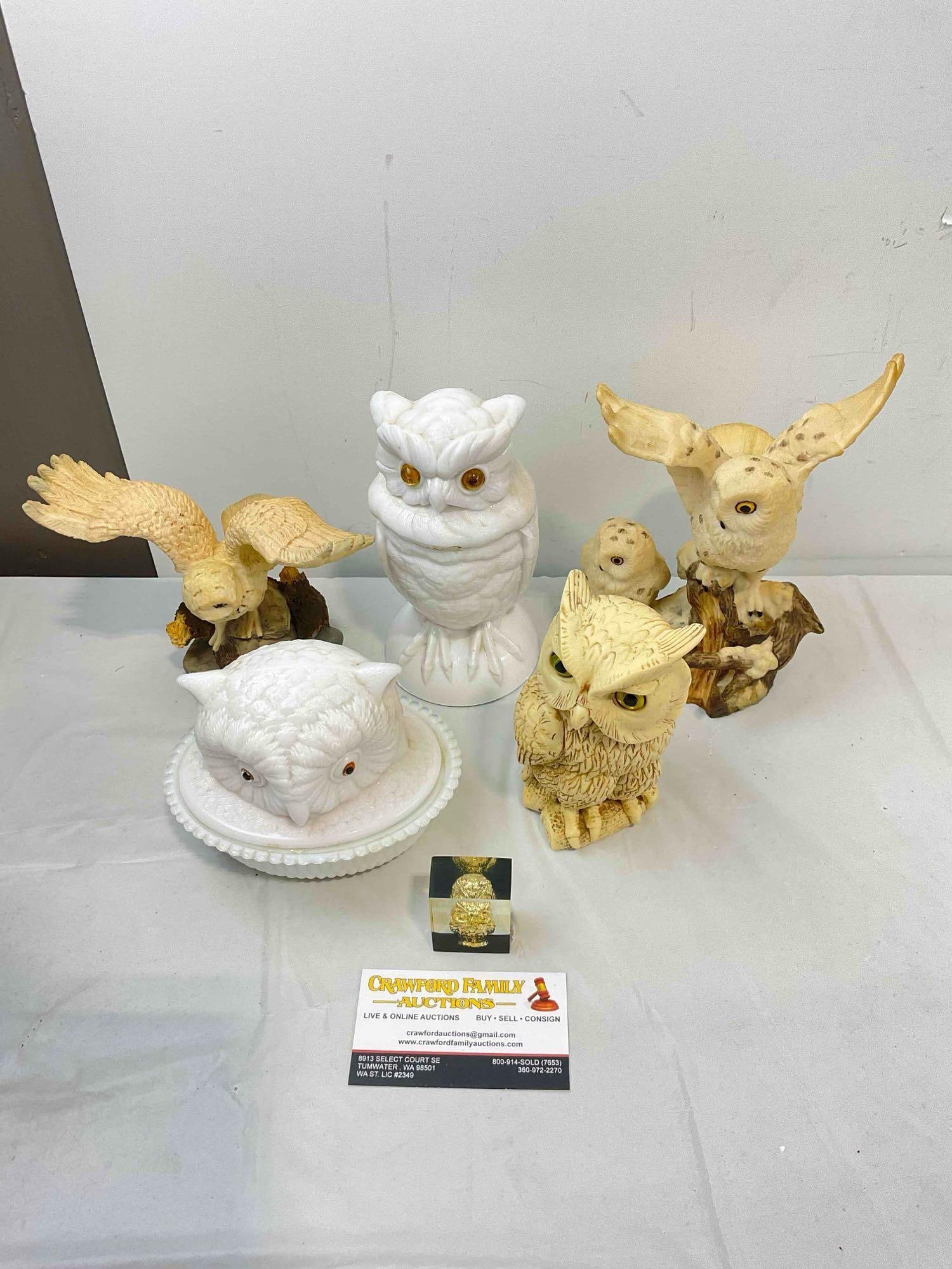 6 pcs Vintage Owl Figurines, incl. 2x Milk Glass & 4x Resin. Good Condition. See pics.: 6 pcs Vintage Owl Figurines, incl. 2x Milk Glass & 4x Resin. Good Condition. Minor wear indicative of age and use, condition otherwise looks to be good. Fits in box measuring 12" x 12" x 6" DM-403