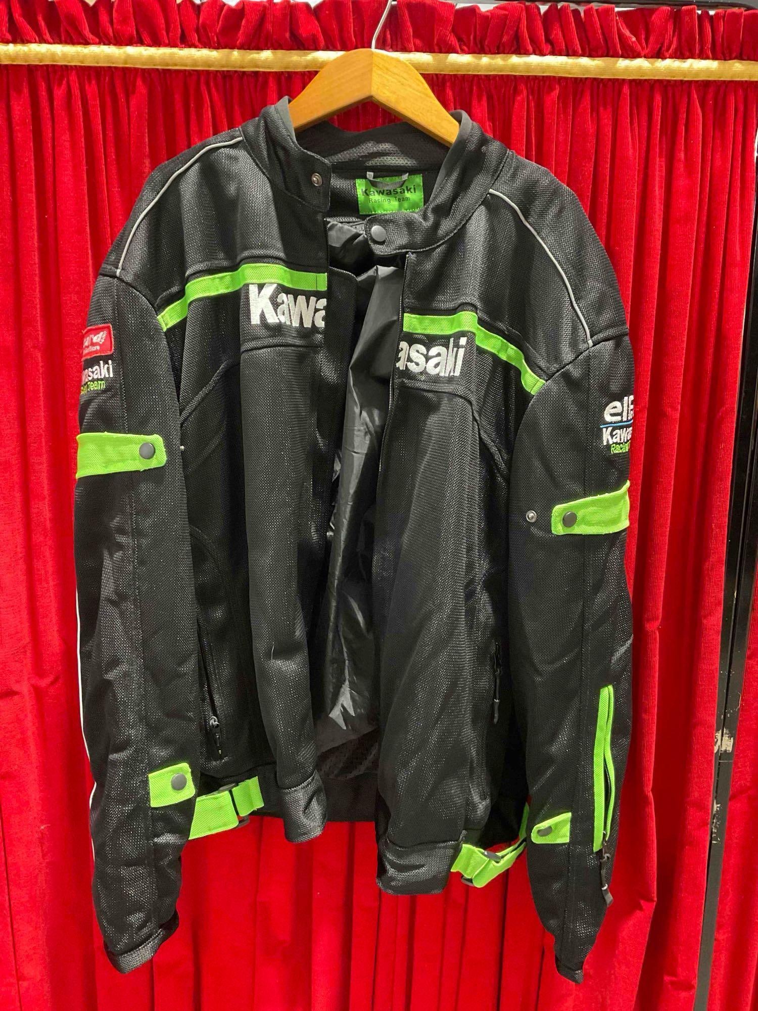 Kawasaki Racing Team Black Motorcycle Jacket w/ Green Accents, Size XXL. Good Condition.: Kawasaki Racing Team Black Motorcycle Jacket w/ Green Accents, Size XXL. Good Condition. Minor wear and dirt indicative of age and use, otherwise looks to be in good condition. Measures 21" x 32" x