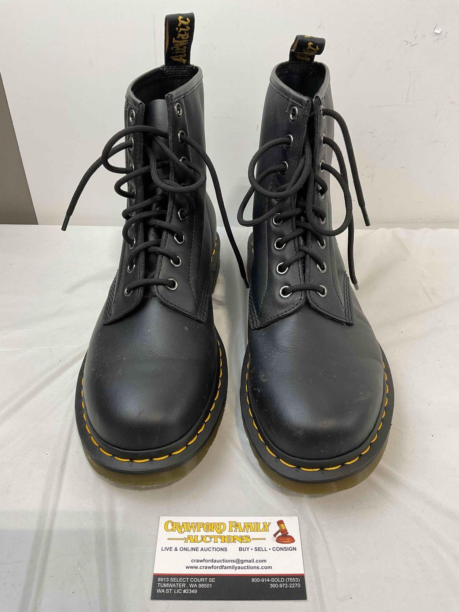 Dr. Marten's Black Leather Doc's Boots, Size US Men's 11, US Women's 12. Good Condition.: Dr. Marten's Black Leather Doc's Boots, Size US Men's 11, US Women's 12. Good Condition. Minor wear indicative of age and use, otherwise look to be in good condition. Measures 9" x 12" x 12" dM-5910